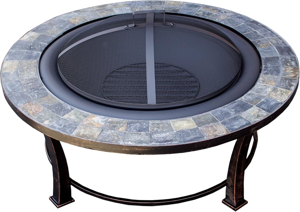 Hiland FT51216 Burning Fire Pit w/Wood Grate and Domed Mesh Screen Lid, Medium, Stone