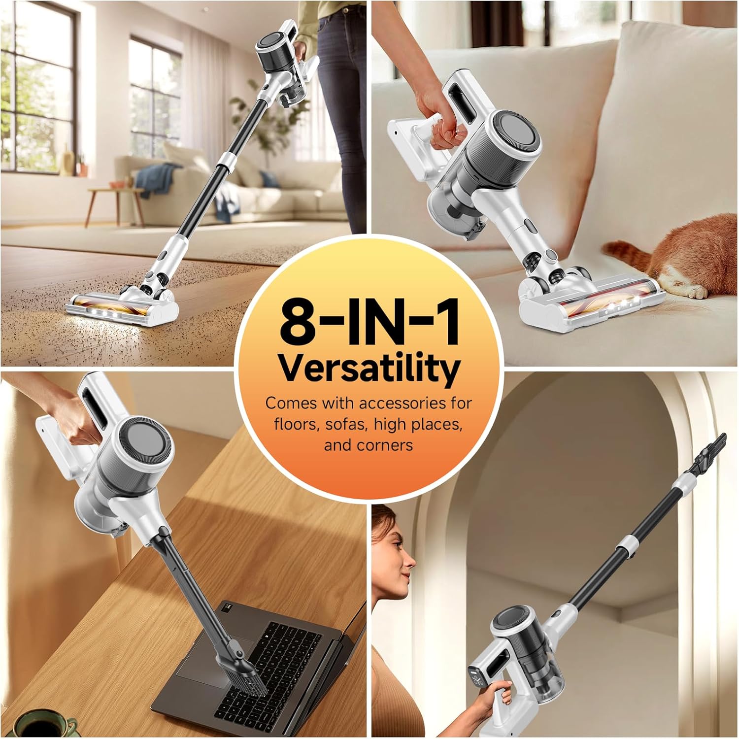 Cordless Vacuum Cleaner for Home - Lightweight, Stick Vacuum Clean with Rechargeable Battery, Max 45Mins Runtime, 8 in 1 Handheld Vacuum for Hardfloor & Carpets Pet Hair, White&Yellow
