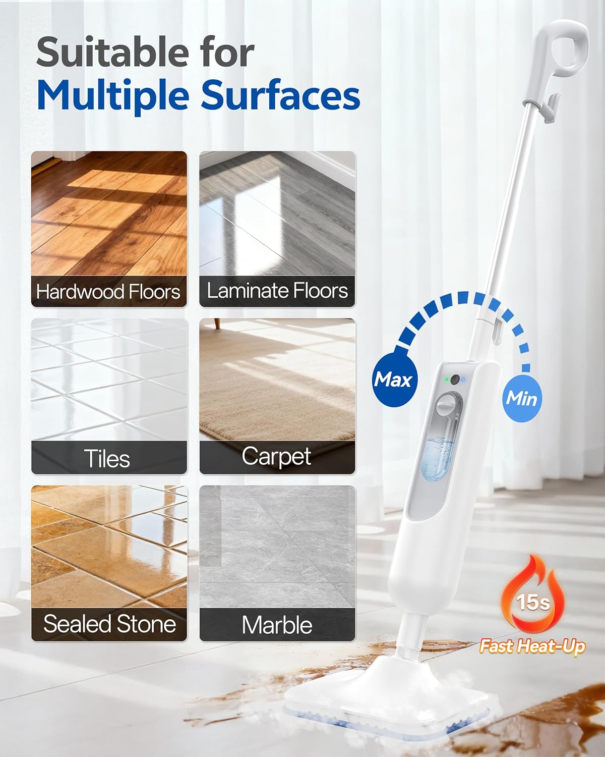 Steam Mop,6-in-1 Handheld Steam Cleaner,Powerful Detachable Steam Mops for Floor Cleaning,MultiPurpose Steamer for Hardwood with 4 Pack Mop Pads and Round Brush Head