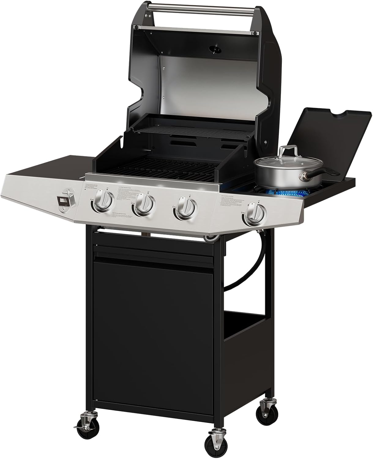 Vantic 3 Burners Propane Gas Grill with Side Burner, BBQ Grill Gas Outdoor Cooking on Wheels with Porcelain-Enameled Cast Iron Grates, Stainless Steel Camping Barbecue for Patio, Garden