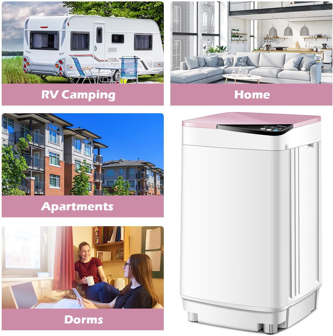 Giantex Full-Automatic Washing Machine Portable Washer and Spin Dryer 7.7 lbs Capacity Compact Laundry Washer with Built-in Barrel Light Drain Pump and Long Hose for Apartments Camping (White & Pink)