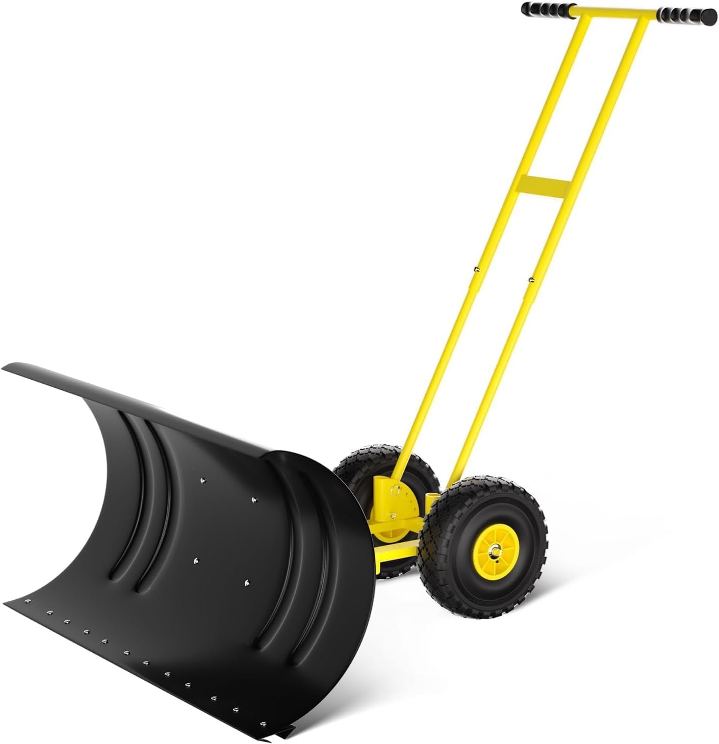 29”Wheeled Push Snow Shovel with Adjustable Blade and Handle Height, Ergonomic Handle for Clearing Snow(Yellow)
