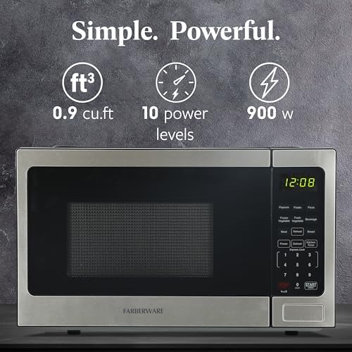 Farberware 0.9 Cu. Ft. Countertop Microwave Oven – 900 Watts Power, Auto Cook Settings, Defrost, Easy Clean and Child Safety Lock - Stainless
