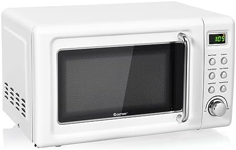 COSTWAY Retro Countertop Microwave Oven, 0.7Cu.ft, 700-Watt, High Energy Efficiency, 5 Micro Power, Delayed Start Function, with Glass Turntable & Viewing Window, LED Display, Child Lock (White)