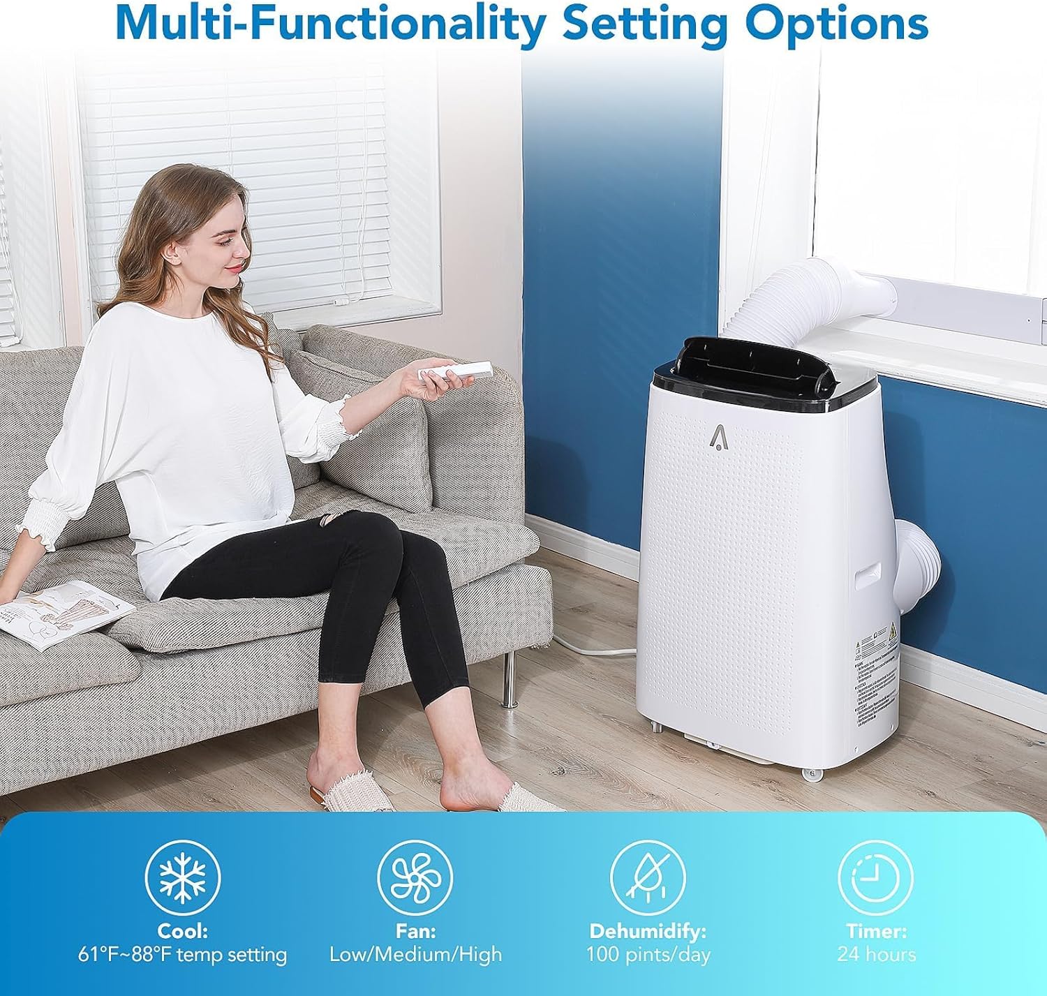 14,000 BTU Portable Air Conditioner for Large Rooms up to 750 Sq.Ft - 3 in-1 Cooling, Dehumidifier, Fan w/Energy Efficient Mode - Ultra-Quiet 50dB Sleep Mode + 24H Timer & Remote Control