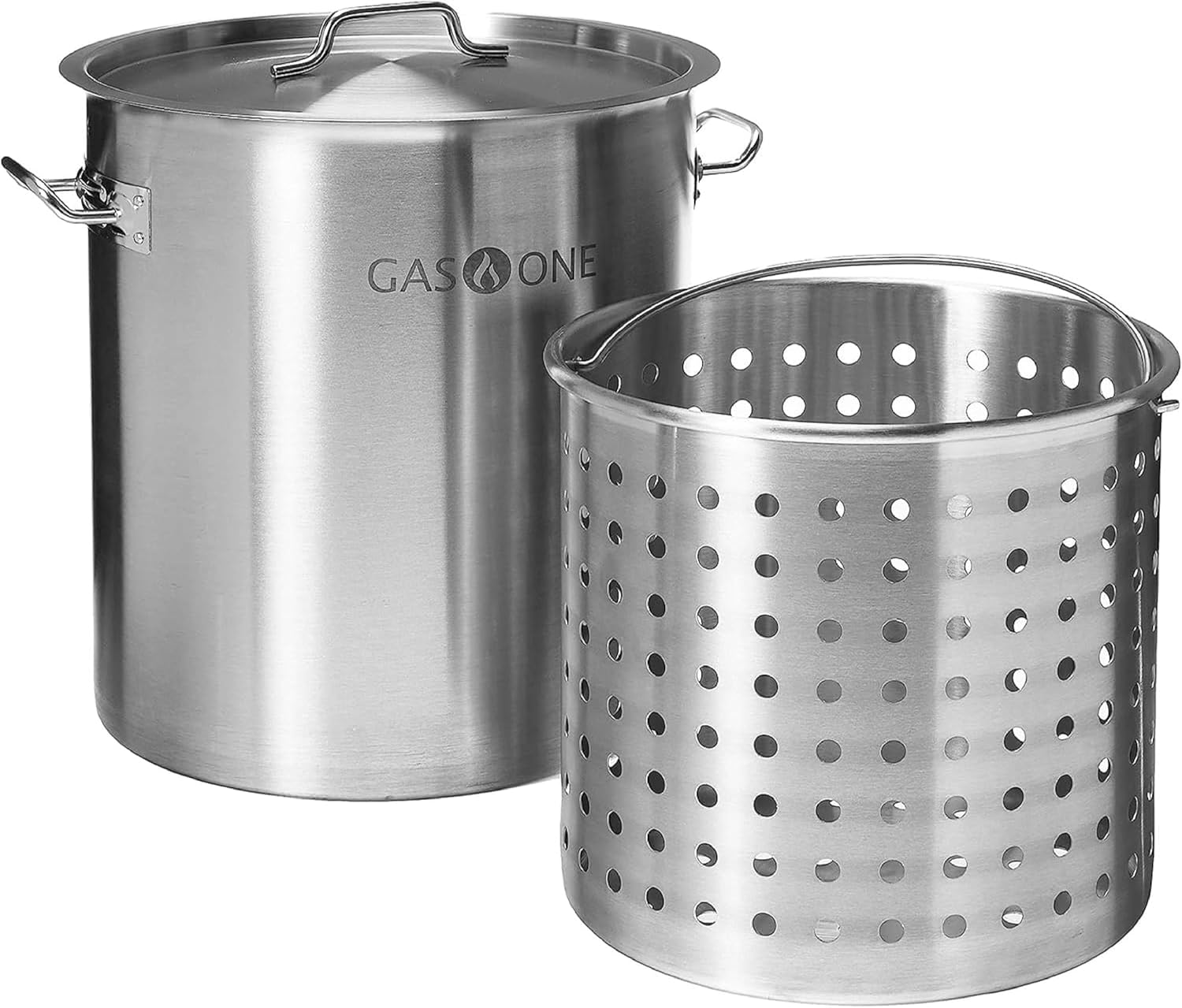 GasOne Stainless Steel Stockpot with Basket – 53qt Stock Pot with Lid and Reinforced Bottom – Heavy-Duty Cooking Pot for Deep Frying, Turkey Frying, Beer Brewing, Soup, Seafood Boil – Satin Finish