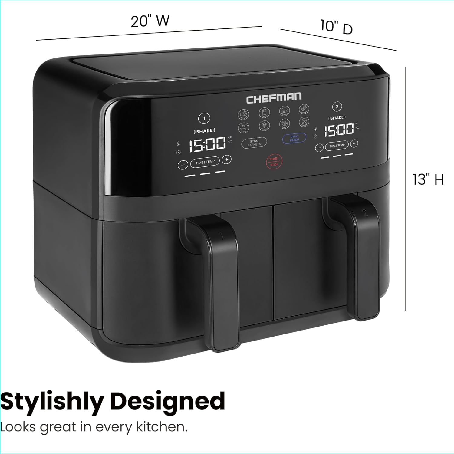 Chefman TurboFry Touch Dual Air Fryer, Maximize The Healthiest Meals With Double Basket Capacity, One-Touch Digital Controls And Shake Reminder For The Perfect Crispy And Low-Calorie Finish