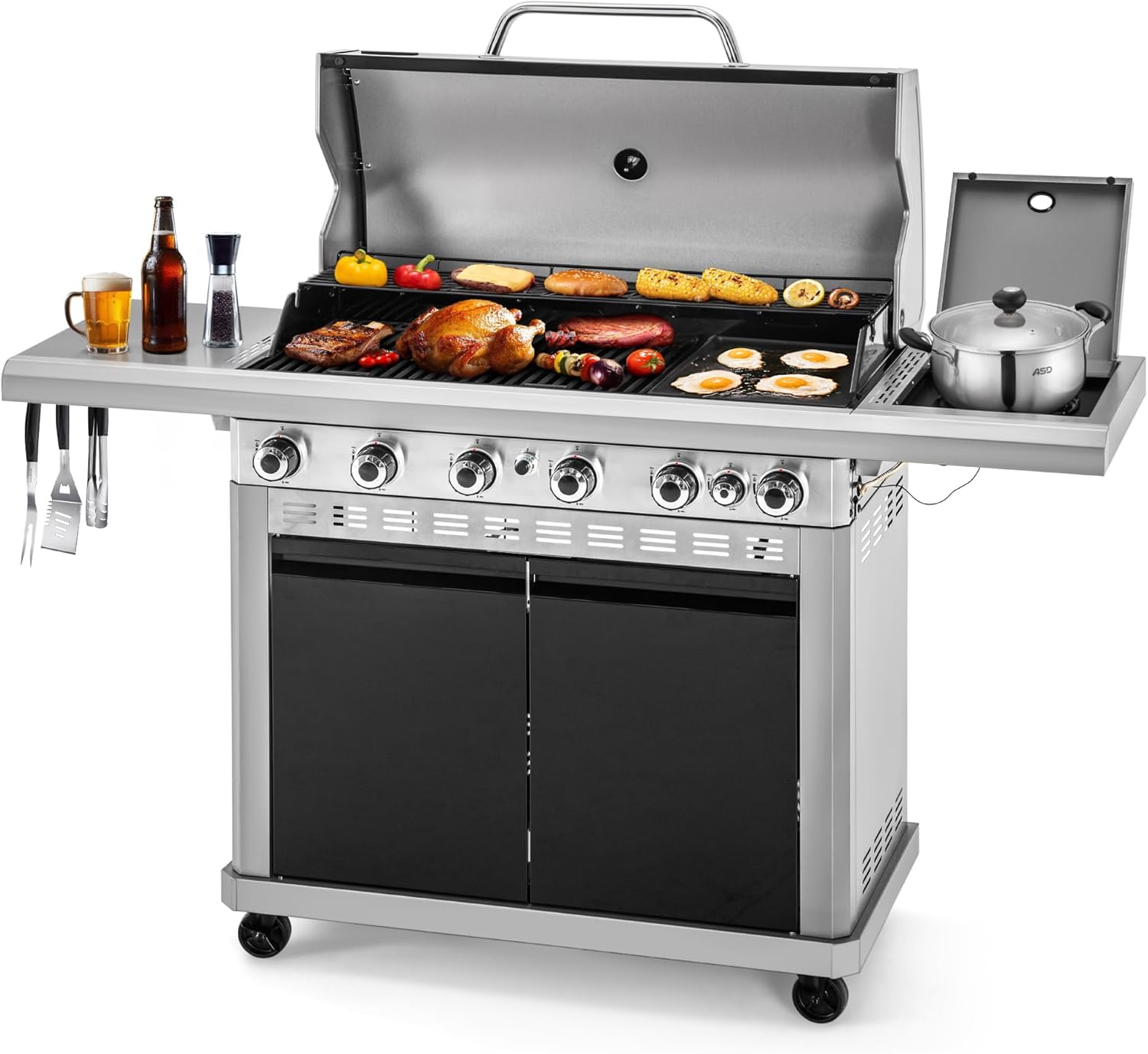 MFSTUDIO 7 Burner BBQ Gas Propane Grill with Searing Side Burner, Porcelain-Enameled Cast Iron Grates and Dual-Side Griddle Combo for Outdoor Barbecue Cooking