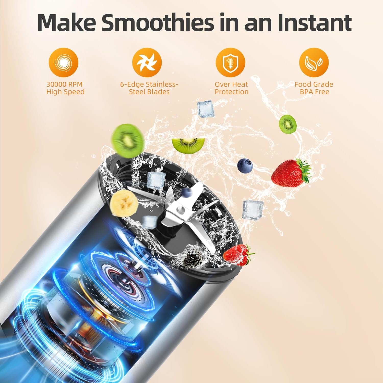 500W Personal Smoothie Blender for Shakes, Smoothies & Nutrient Extraction – Includes 2 BPA-Free 27 oz Portable Bottles with To-Go Lids, High-Speed 30000 RPM, Compact & Easy-to-Clean (Grey)
