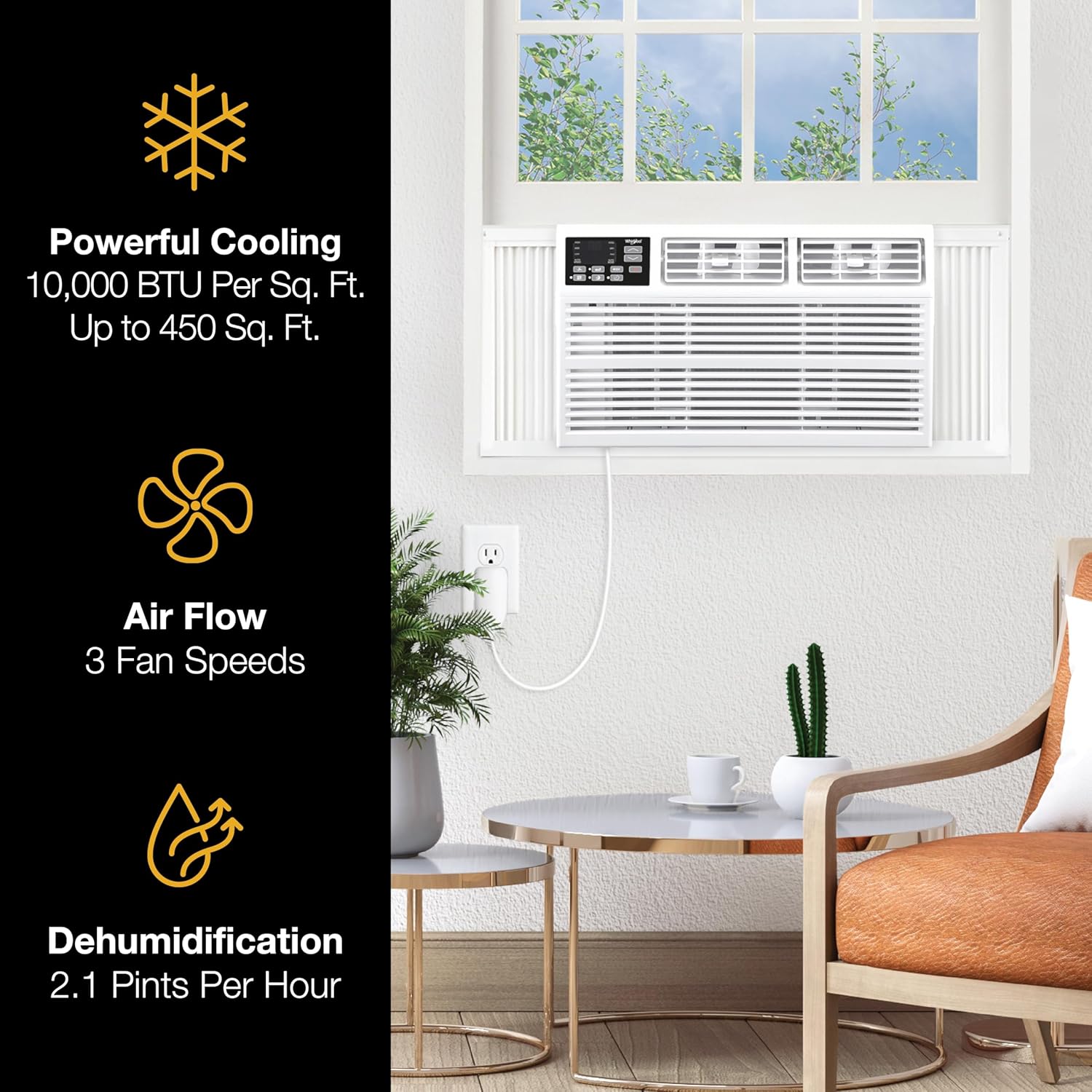 Whirlpool 10,000 BTU Window Air Conditioner with Dehumidifier, 115V, Window AC for Rooms up to 450 Sq. Ft., Living Room, Bedroom, or Kitchen, with Remote Control, Digital Display, and 24H-Timer, White