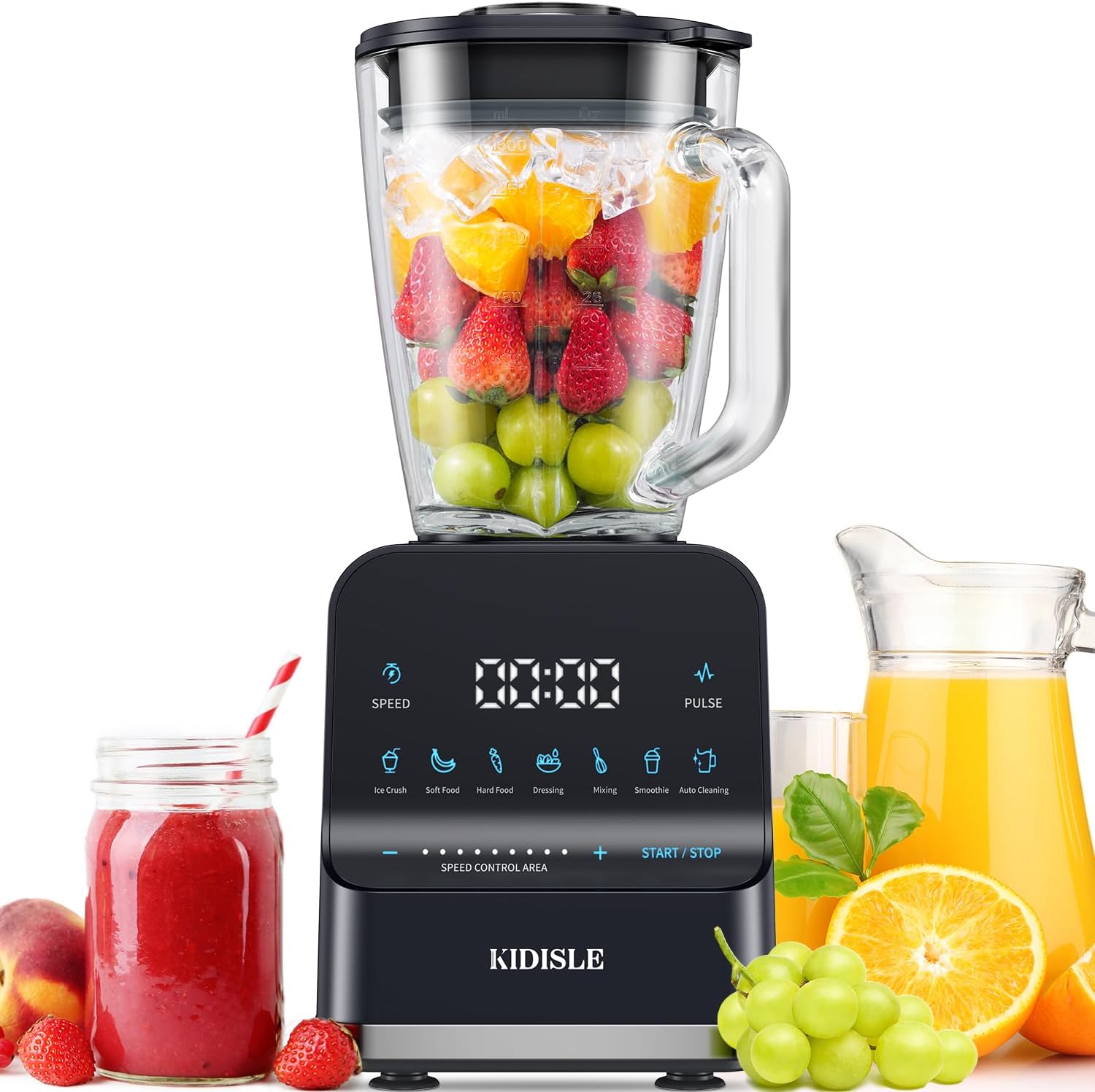 1200W Professional Smoothie Blender for Shakes, 52oz Glass Jar, Ice Crush, Puree, 9-Speed Touchscreen with Pulse & 7 Functions, Black