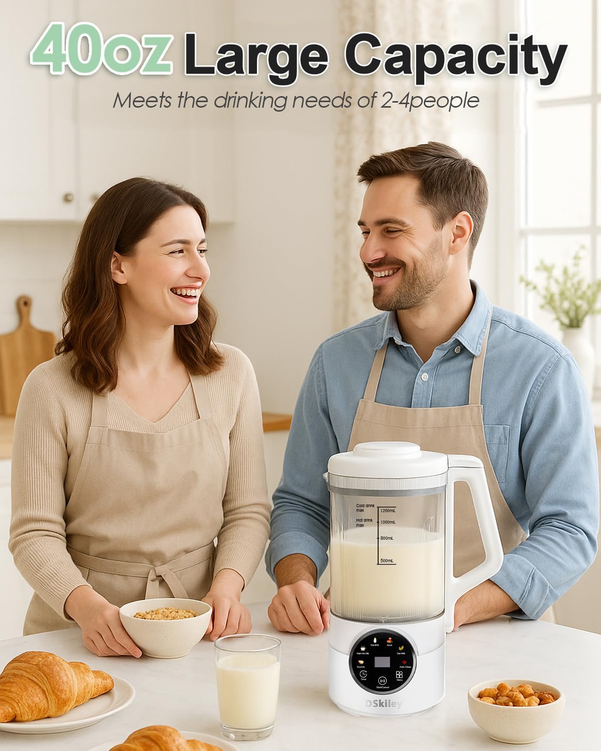 40oz Nut Milk Maker Machine, Automatic Plant Milk Maker with 10 Blades, No Soaking Needed, Smooth Almond Oat Soy Milk & Juice, 12H Delay Start, Auto-Clean, Safety Lock