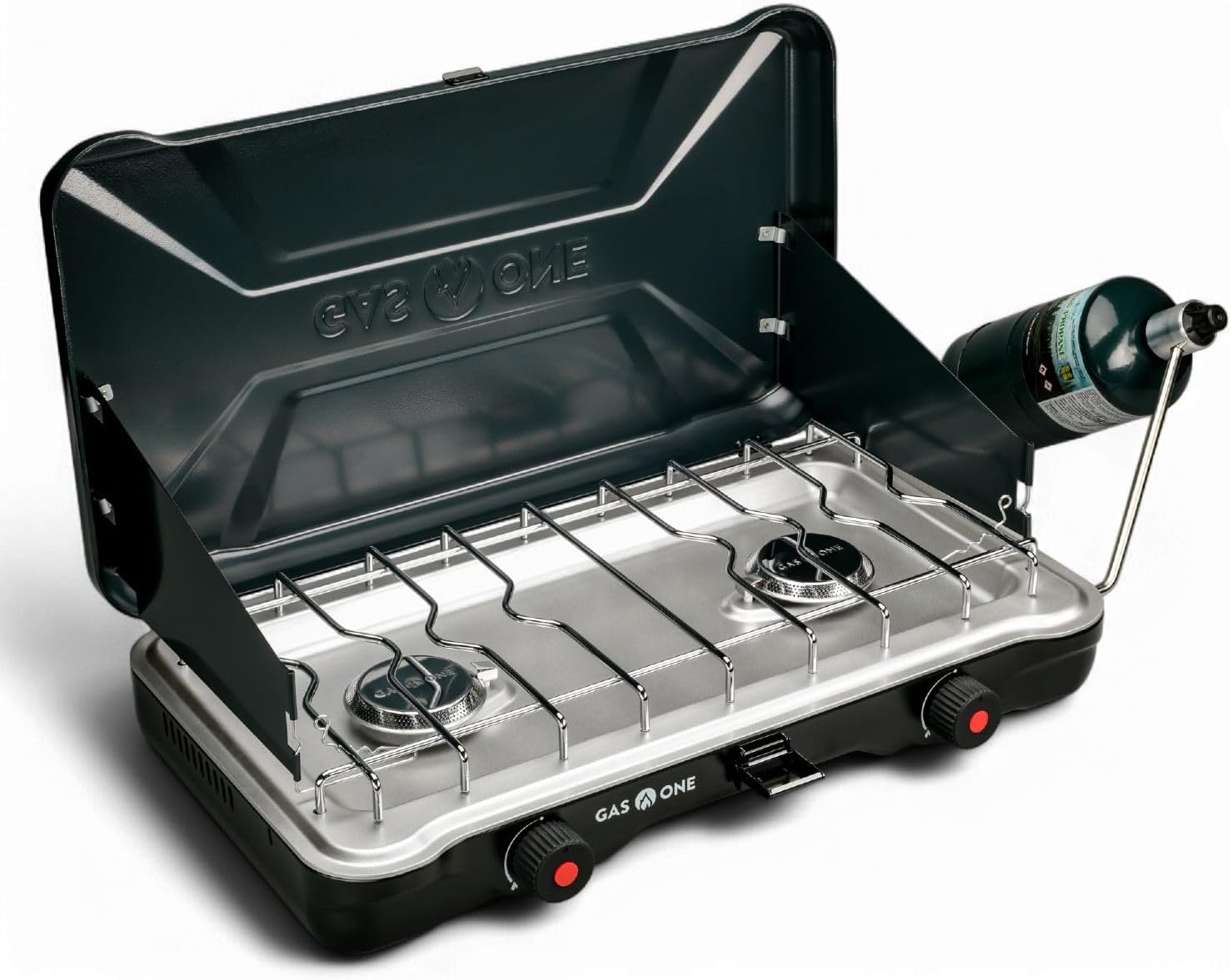 GasOne PS-2500MBA Portable Camping Stove – Double Propane Stove with Auto Twist Turn Ignition – 22,000 BTU Camping Cooktop with 2 Burners and Wind Guard – Ideal for Tailgating, Fishing, Travel