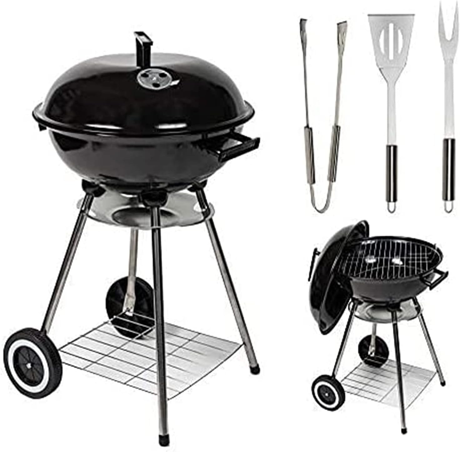 Charcoal Barbecue Kettle Portable Grill BBQ with Thermometer Temperature Gauge, Lid & 3 Cooking Utensils - 17