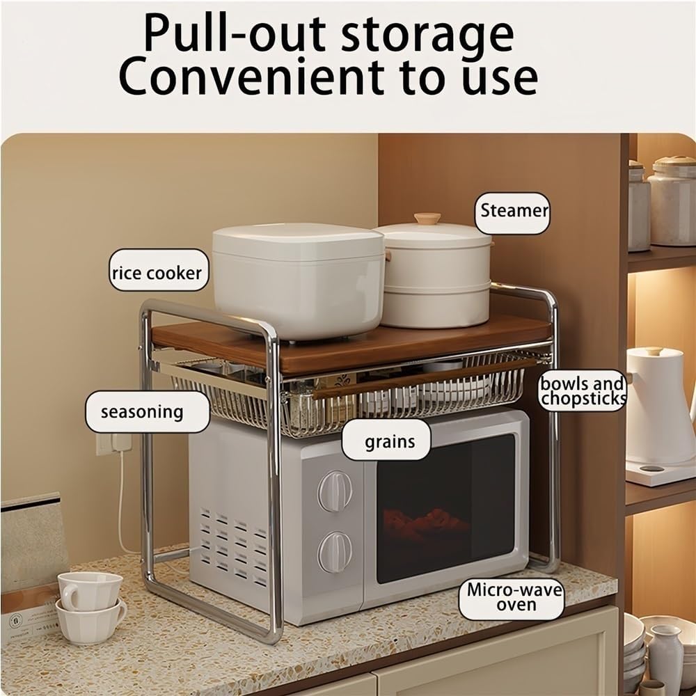 Wood Microwave Oven Rack, Metal Over The Microwaves Shelf with Storage, Kitchen Storages Shelves for Home, Office(18.89in)