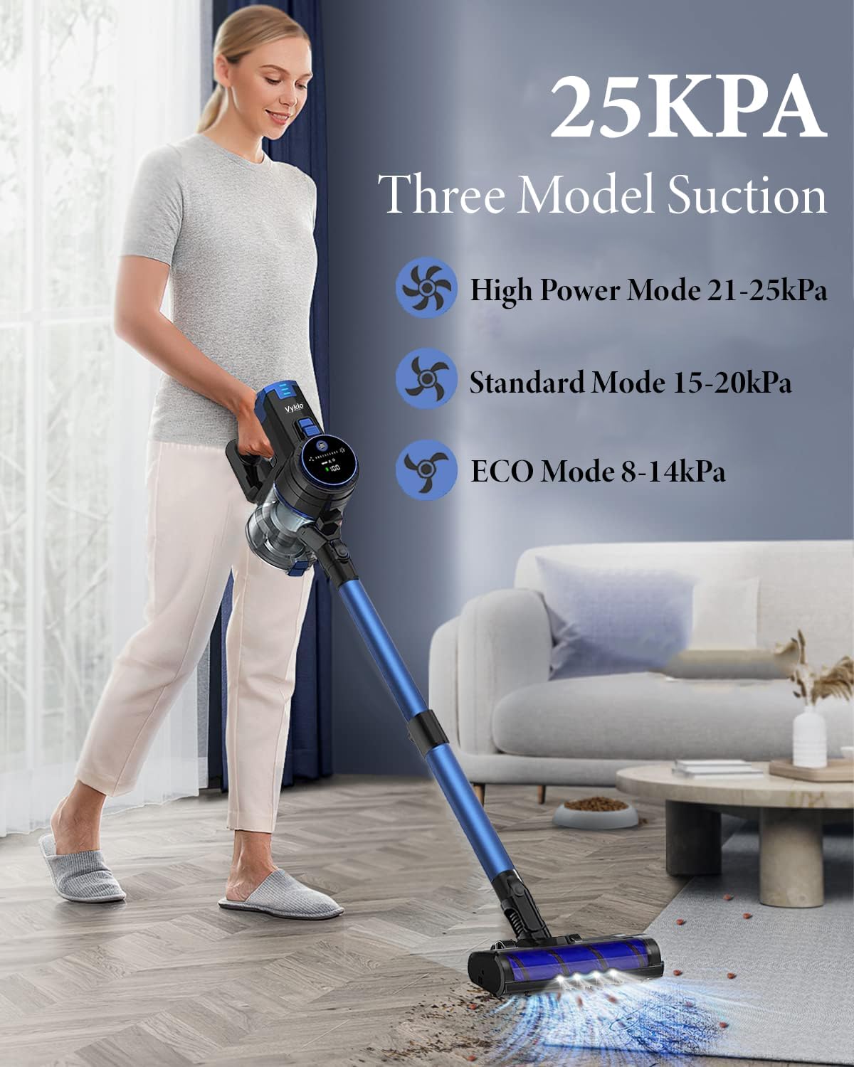 V8 Cordless Vacuum Cleaner, Powerful Suction Stick Vacuum, 55Mins Runtime, Wireless Lightweight Handheld Vacuum Cleaner for Home, Hardwood Floor, Carpet, Car, Pet Hair Cleaning (Blue)