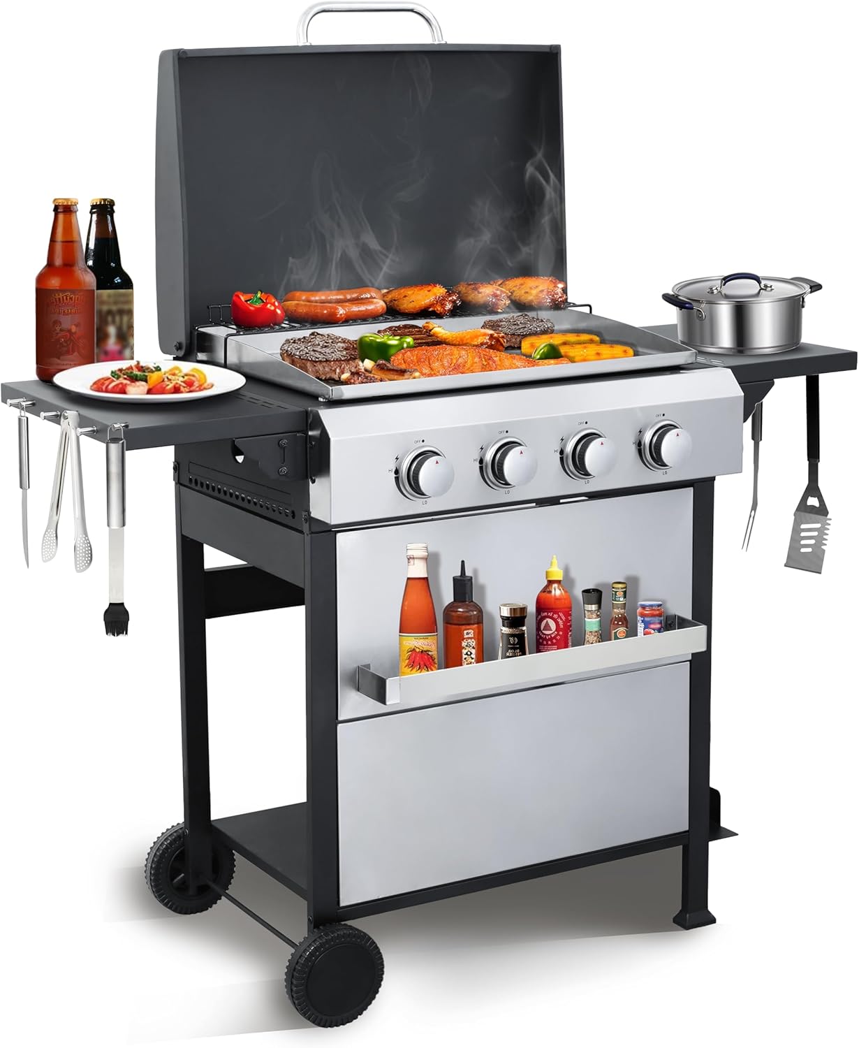 4-Burner Flattop Propane Gas Grill with Foldable Side Table - 49,200 BTU BBQ Grill with Enamel Cooking Grid & Stainless Steel Griddle - Ideal for Backyard & Outdoor Cooking