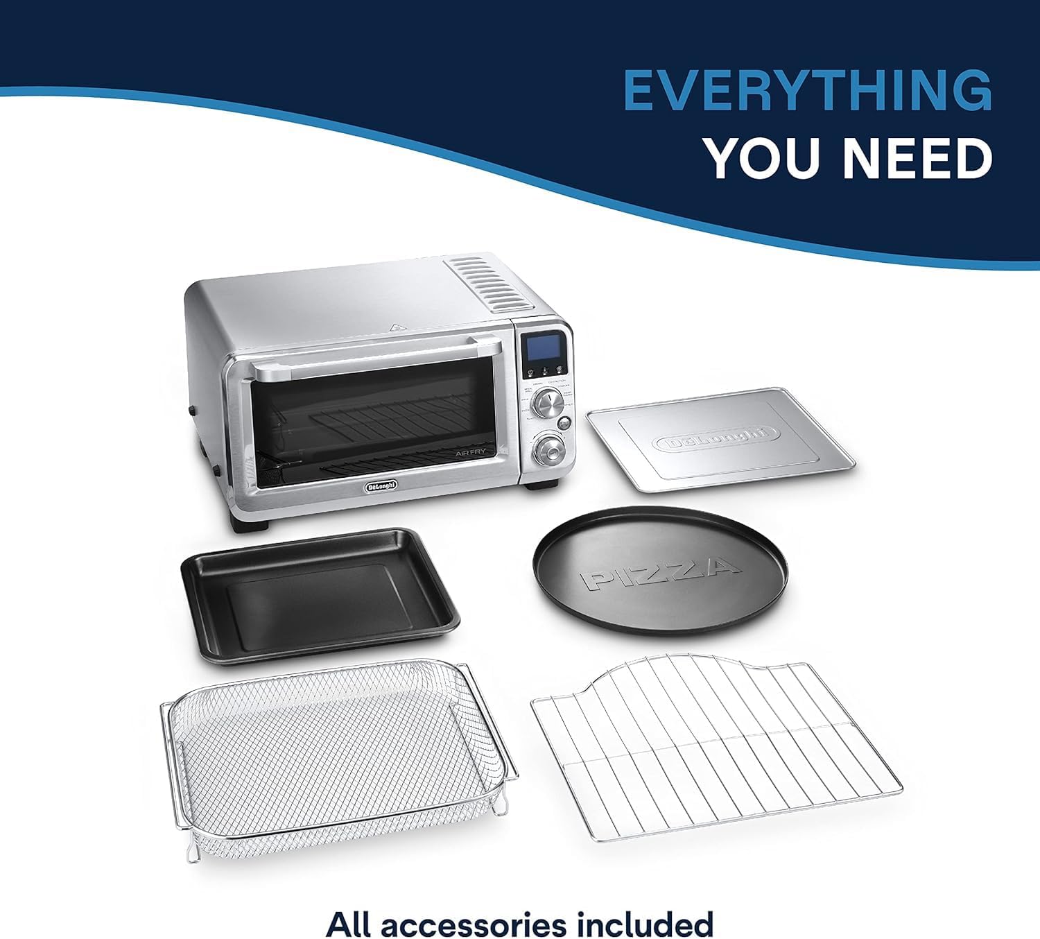 De'Longhi 10-in-1 Digital AirFryer, 24L, True Convection Toaster Oven with Internal Light, Grills, Broils, Bakes, Roasts, Reheats, Preset for Cookie & Pizza, 1800-Watts, Stainless Steel