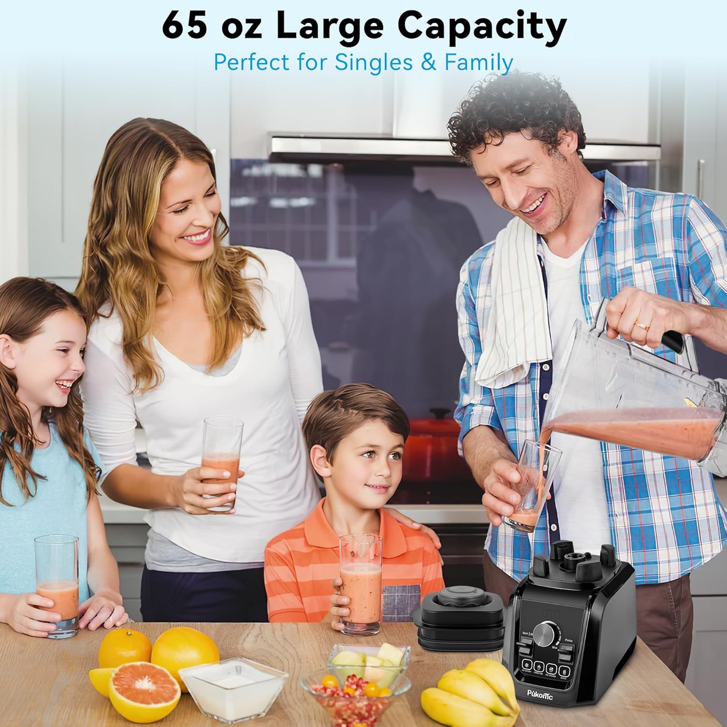 Pukomc Blender for Smoothies with 65Oz Large Capacity, 1200W Powerful Motor Blenders for Kitchen, 4 Presetting & 9 Speeds, Countertop Blenders for Ice Crush, Ice Cream, Frozen Drinks, with LED Display