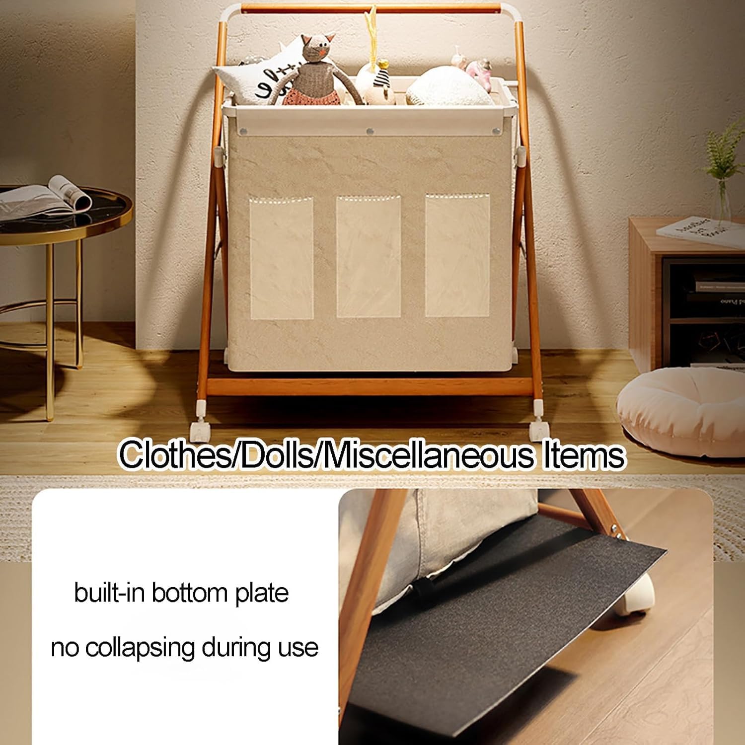 Foldable 3-Section Laundry Hamper with Wheels, Removable Machine Washable Bags, Triangular Frame Laundry Sorter(Beige)