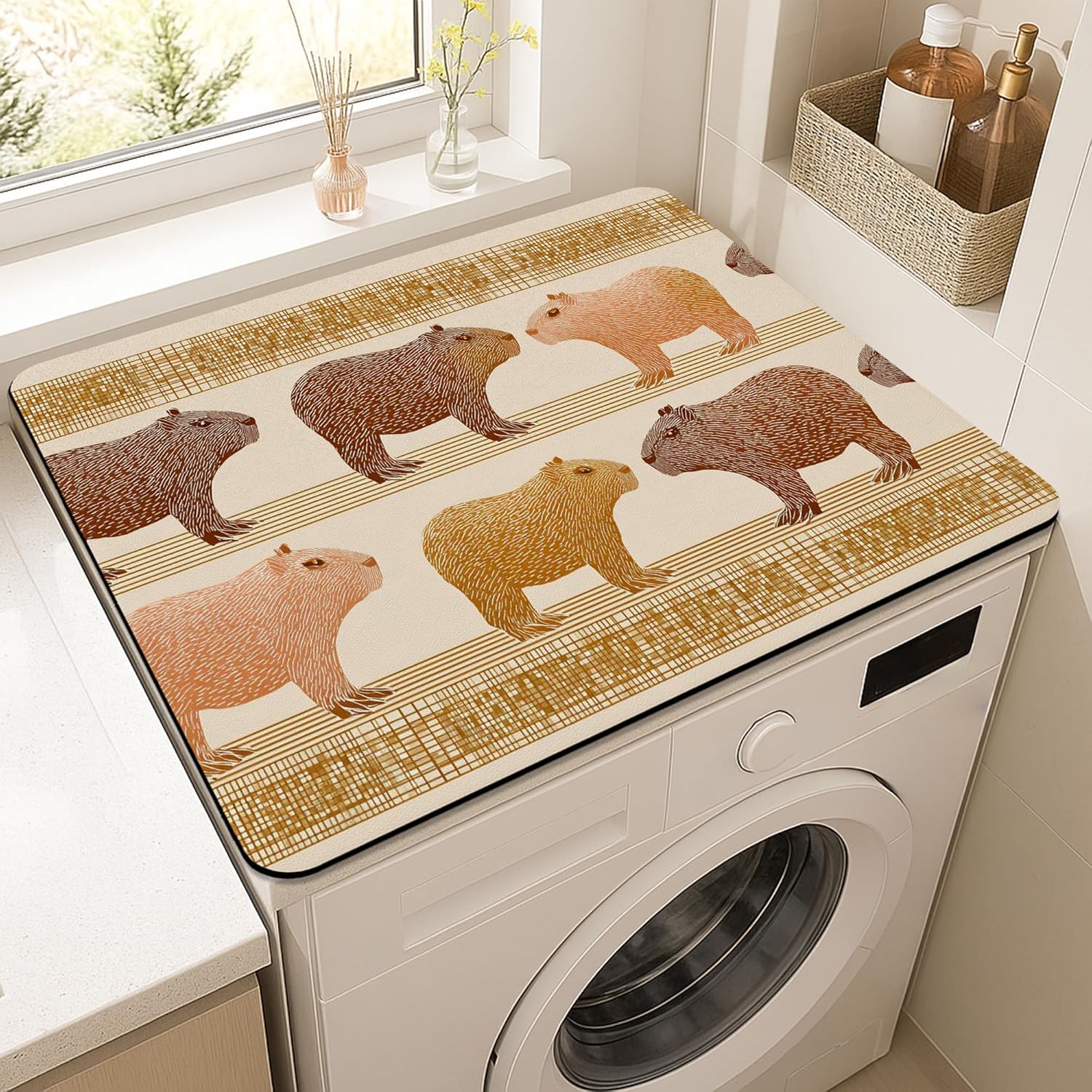 Capybara Washer Dryer Top Protector Mat, Vintage Animal Print Laundry Machine Covers, Cute Rustic Decorative Rubber Anti-slip Waterproof Mats for Laundry Room 20x24 Inch