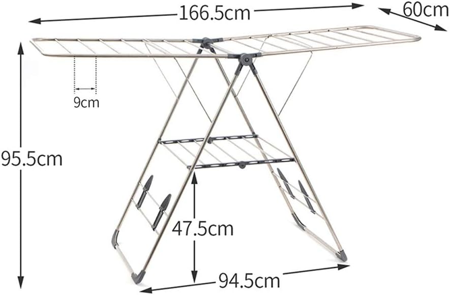 Clothes Airer 9.6 Metre Drying Space Multifunctional Air Dryer Stainless Steel Tubes Gray Winged Clothes Airer Folding Clothes Drying Rack Space Saving，Grey-166.5x60x95.5cm