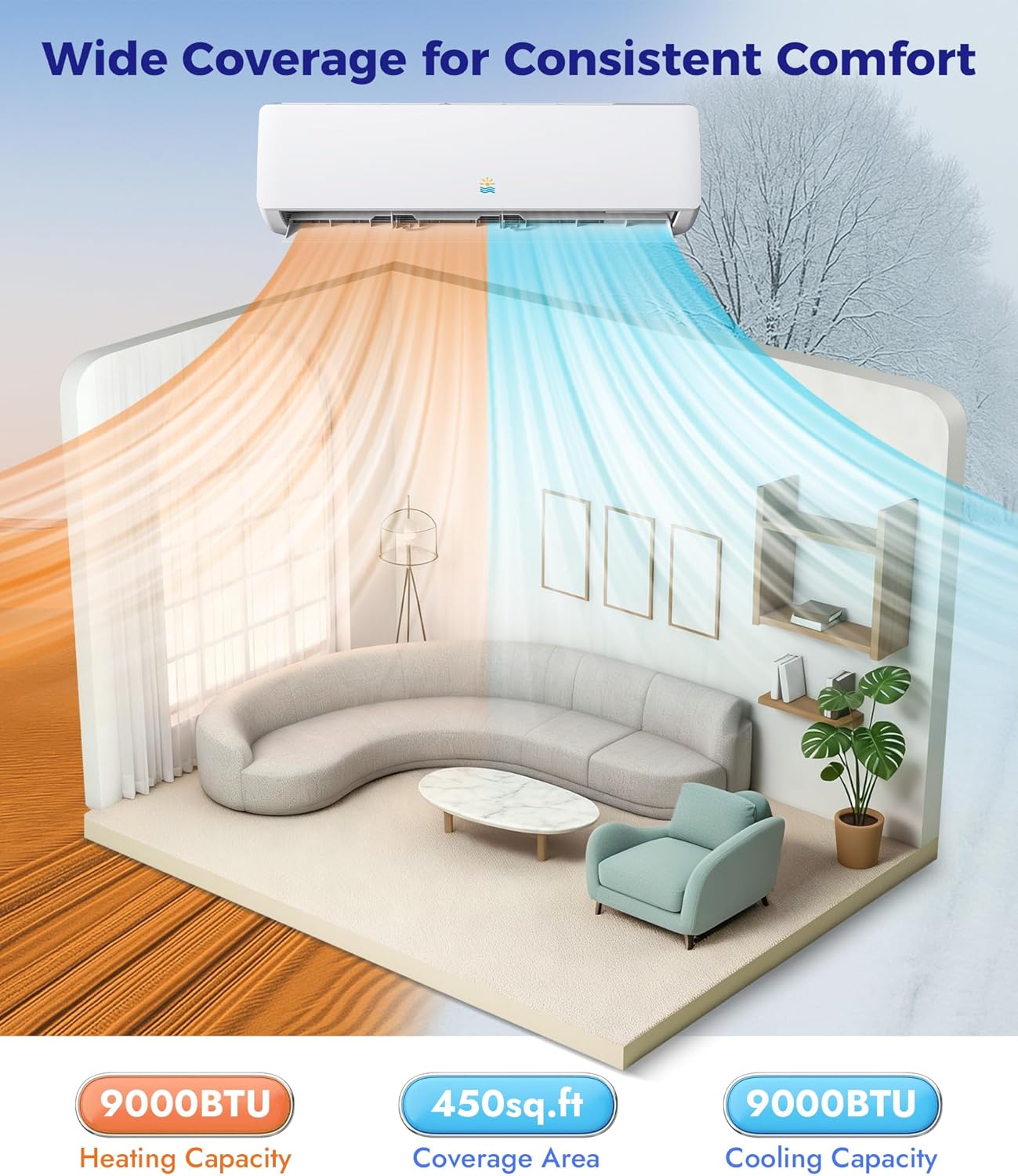 9000 BTU Mini Split Ac/Heating System - 19 SEER2 Mini Split AC Unit with Heat Pump, 115V Energy Efficient Ductless AC Unit Up to 450 Sq.Ft with Installation Kit