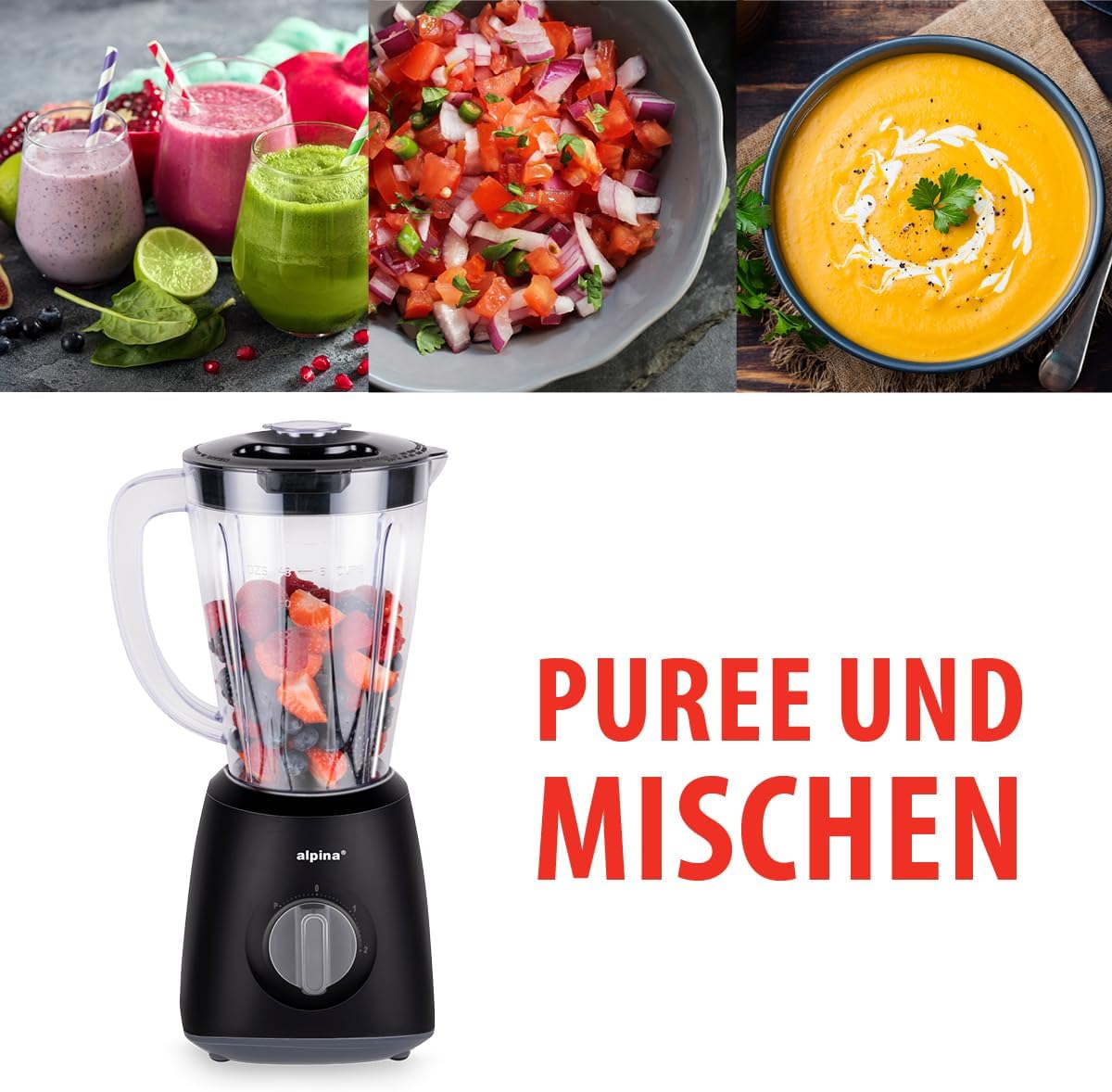 alpina Blender 1.5L, Liquidifier 400 W, Blender Jug with Turbo Function, Plastic Blender, Stainless Steel Blades, Black