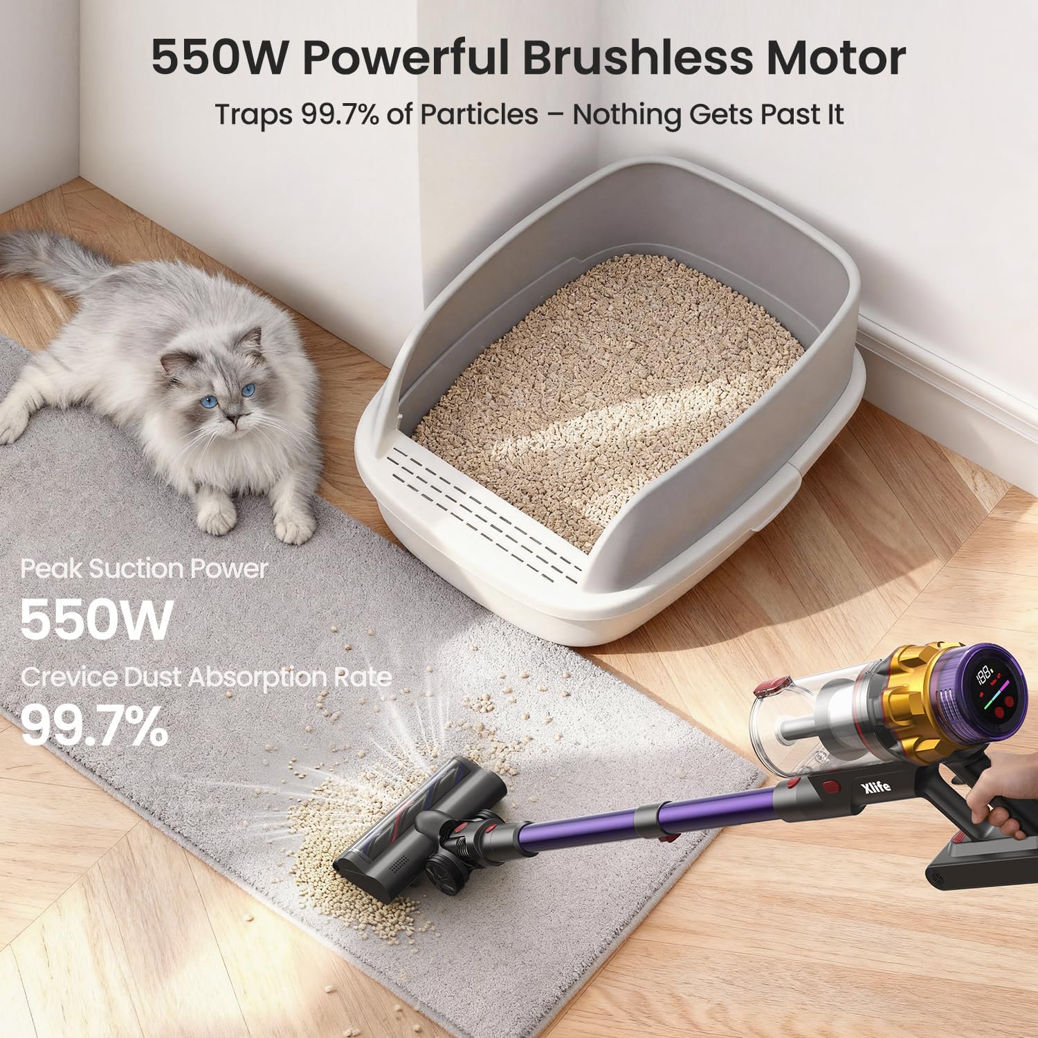 Xlife Cordless Vacuum Cleaner, 550W 48KPA Stick Vacuum Cleaners for Home, Wireless Vacumm with Self-Standing, Anti-Tangle Brush for Hardwood Floor/Carpet/Pet Hair-P12