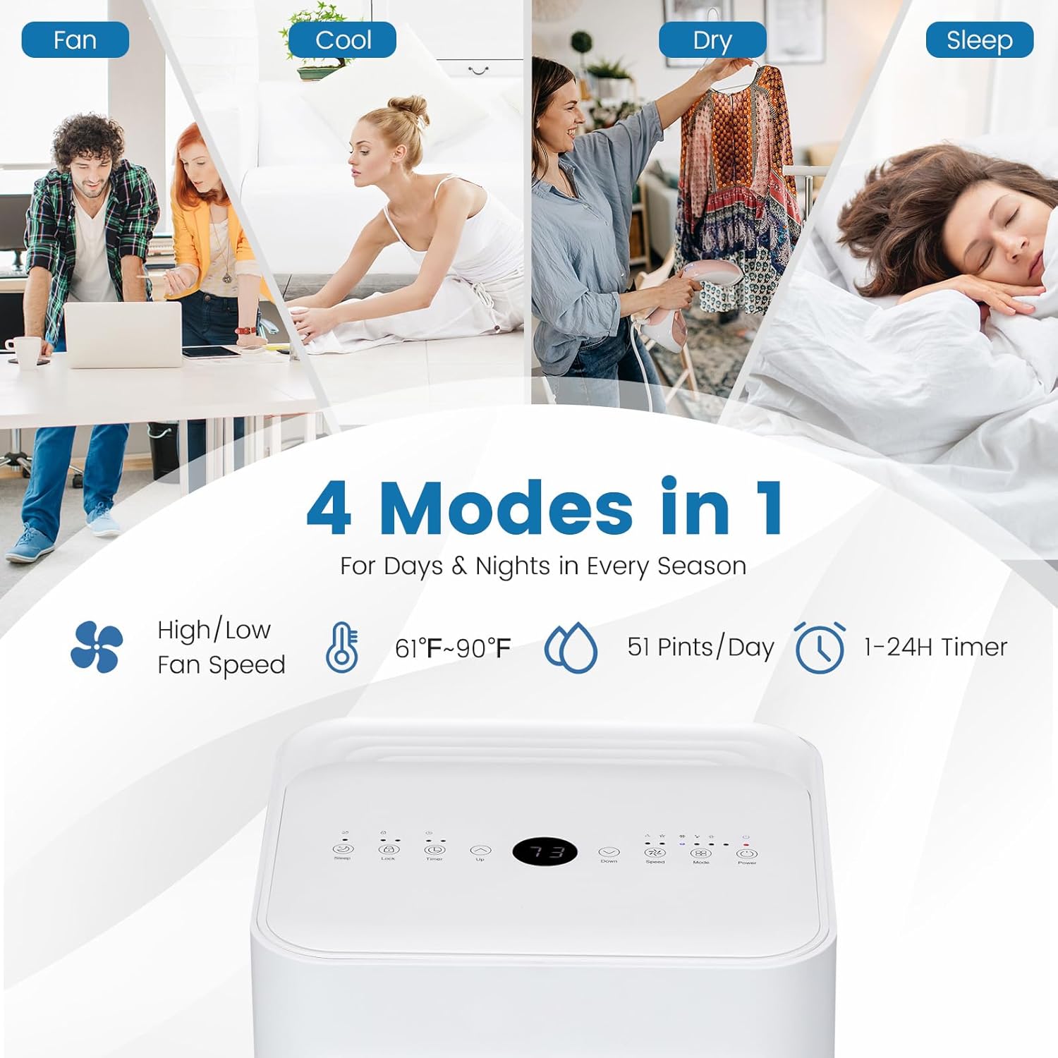 LDAILY Portable Air Conditioners, 4-in-1 Quiet Air Cooler with Fan, Dehumidifier, Sleep Mode, Remote, Touch Screen, 1-24 Timer, AC Unit for Bedroom, Home, up to 350 Sq.Ft (White, 10000 BTU)