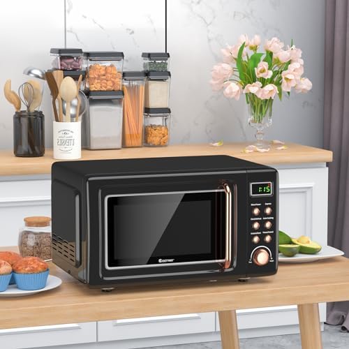 Retro Countertop Microwave Oven, Large 0.7Cu.ft, 700-Watt, Cold Rolled Steel Countertop with Time Setting, Glass Turntable Plate, Pre-Programmed Cooking Settings, LED Display, Child Lock (Rose Gold)