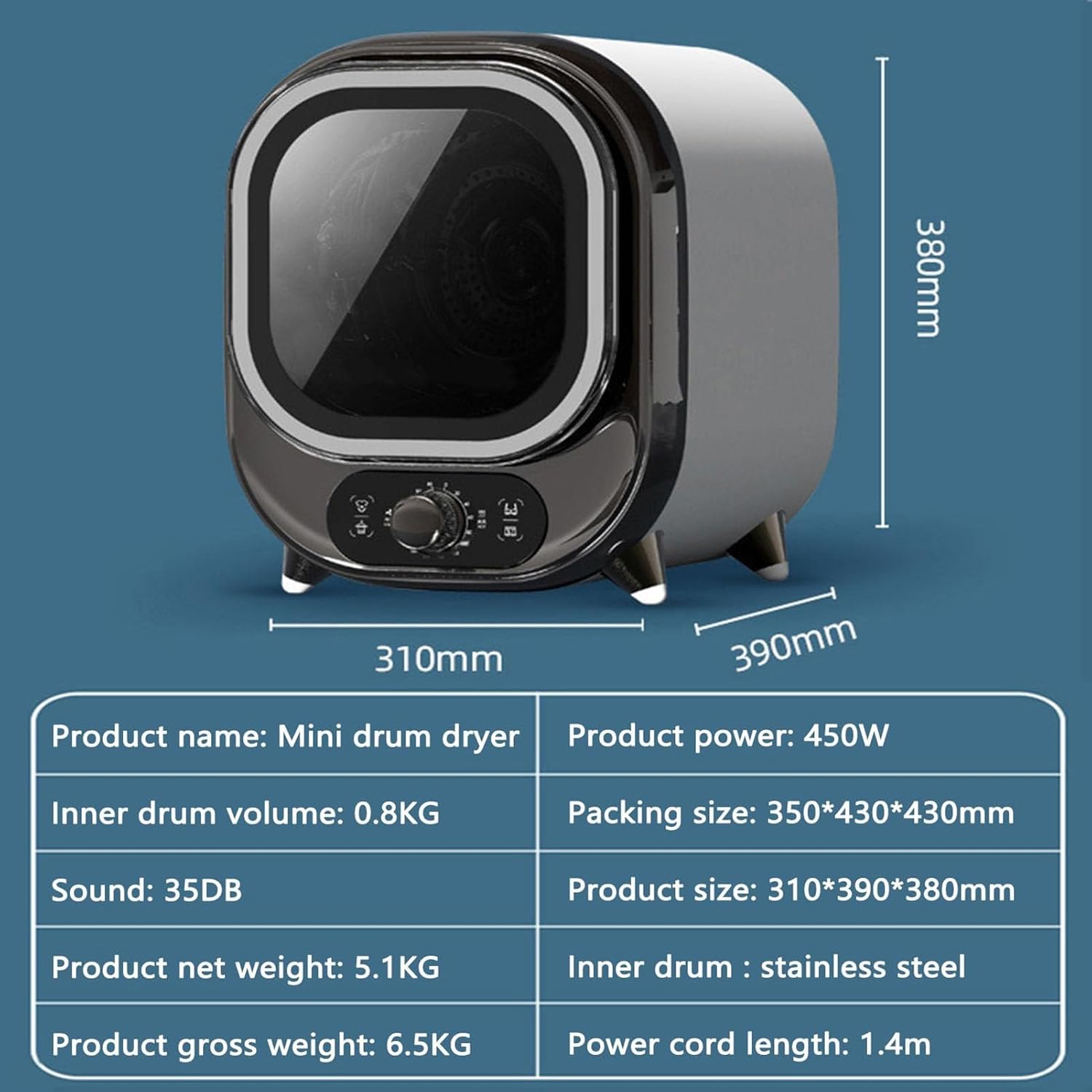 Small Portable Condenser Tumble Dryer with Stainless Steel Tub,Compact Portable Tumble Condenser Dryer,0.8kg Load Capacity for Home, Apartments and RVs Compact and Lightweight for Small Spaces(C)