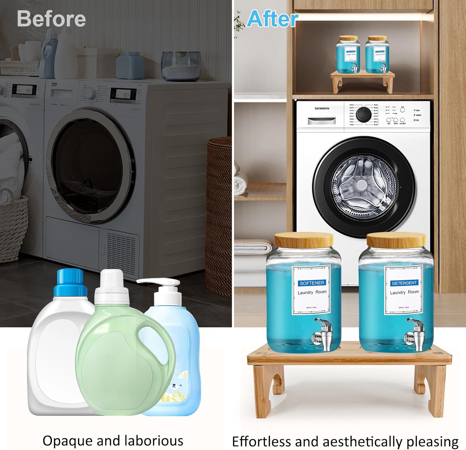 Laundry Detergent Dispenser,with Bamboo Stand 2 Sets 1 Gallon Glass Liquid Laundry Detergent Dispenser,for Bleach, Fabric Softener,Laundry Soap Dispenser,for Laundry Room Organization and Storage