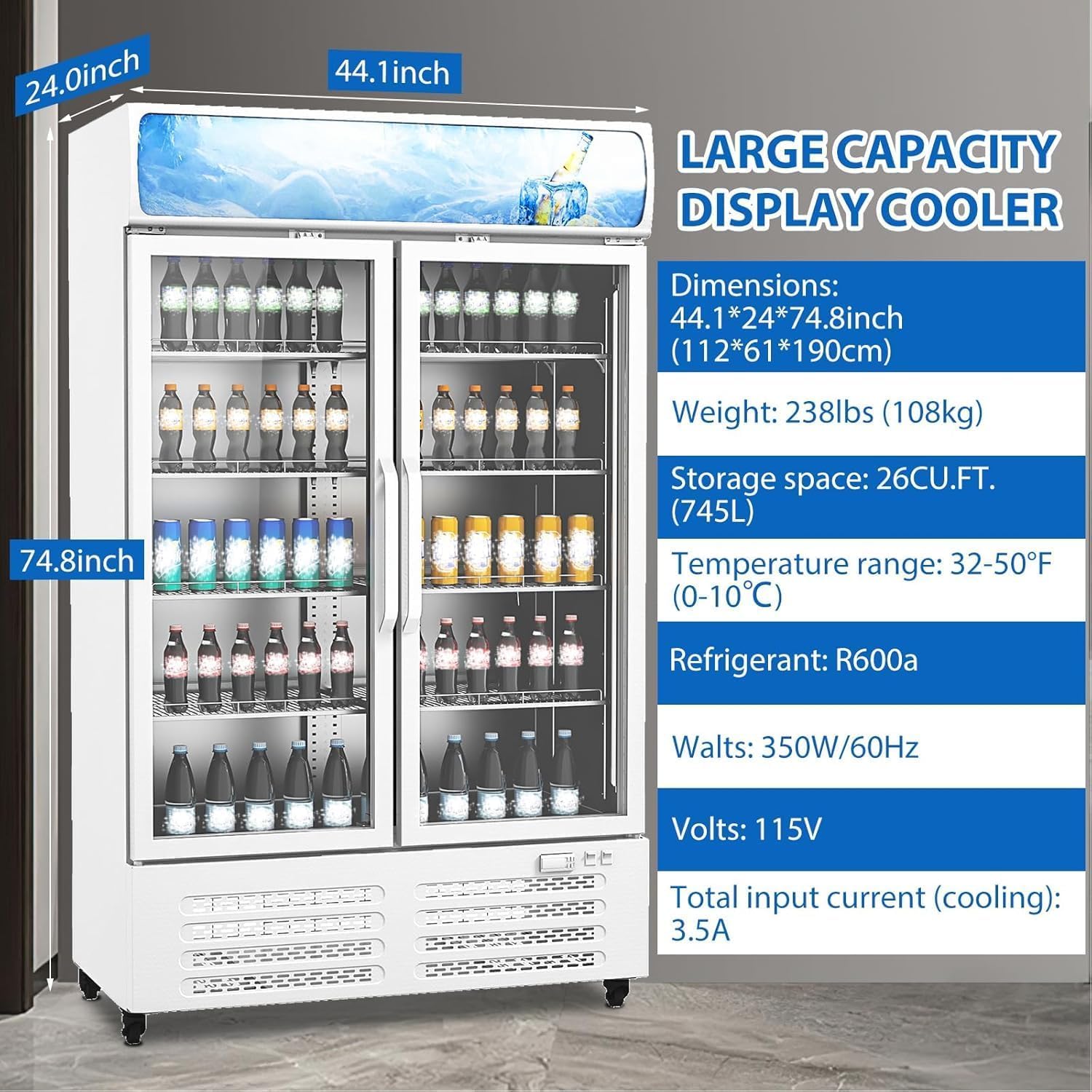 25 Cu.Ft. Commercial Beverage Display Refrigerator, Merchandiser Refrigerator Double Glass Door Display Fridge With 8 Adjustable Shelves, Upright Beverage Cooler with LED Lighting, White