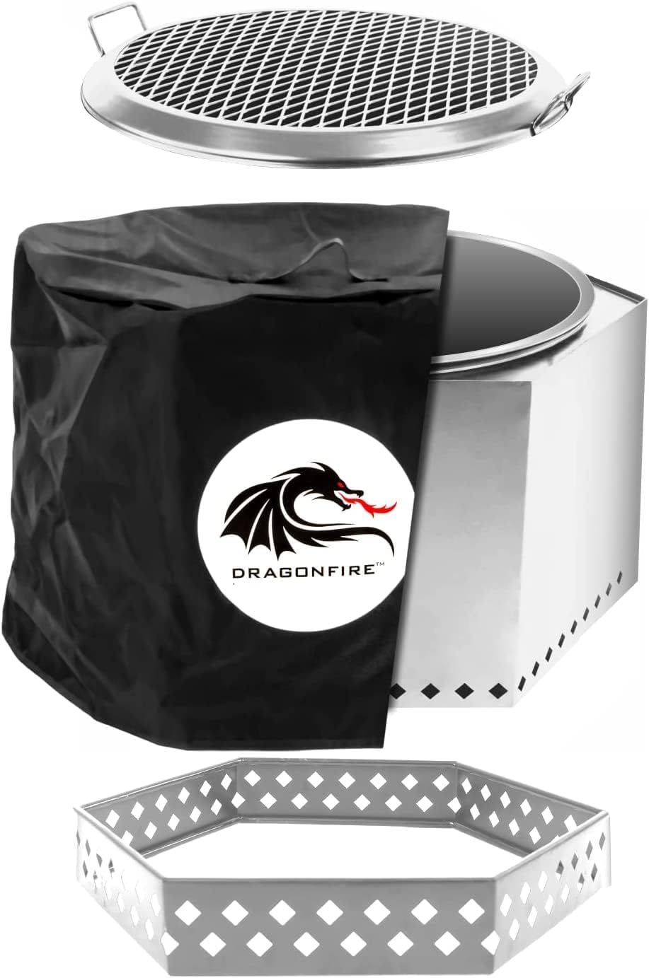 Dragonfire Smokeless Firepit, Accessories Included: Grill Grate, Base Stand, and Weatherproof Cover. Wood Pellet/Log Burning Large Outdoor Fire Pit. Stainless Steel, 23.5 Inch Backyard Patio Size.