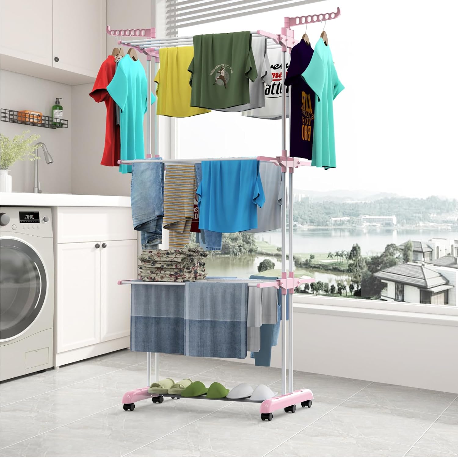 Bigzzia Clothes Drying Rack, Folding Stainless Steel Clothes Horses Rack Indoor Outdoor, 4 Tier Laundry Drying Rack with Two Side Wings (Light Blue, 4 Tie (Bottom fold))