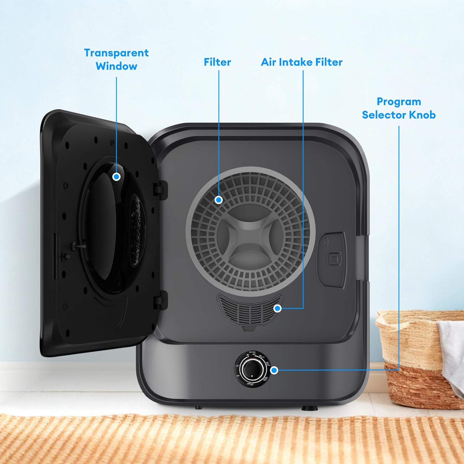 TABU 2.6 Cu.Ft. Portable Dryer for Laundry, 110V Compact Portable Clothes Dryer with Stainless Steel Tub & Control Knob, for Apartments, Dorm, RV, Black