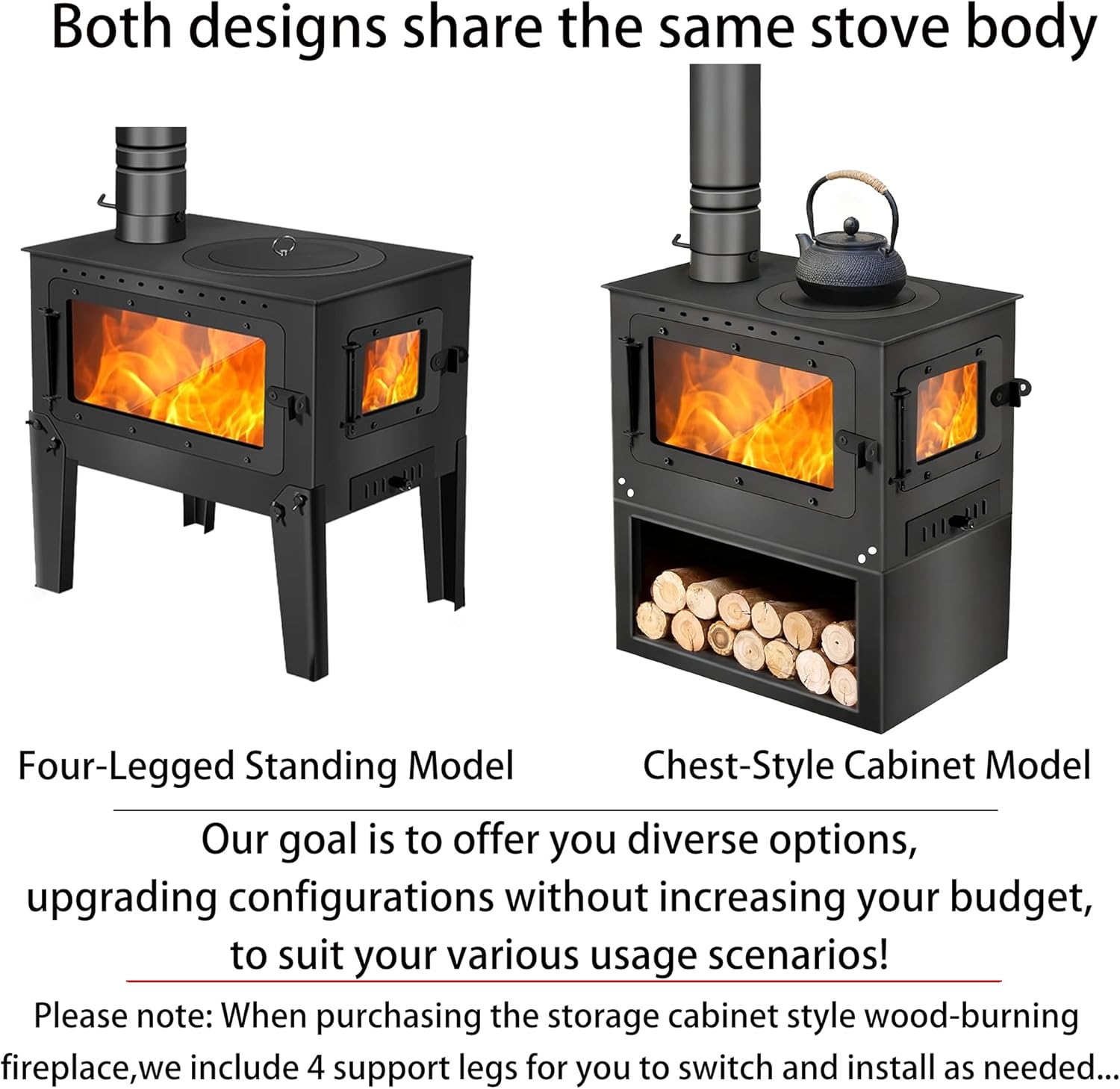 Wood Burning Stove with Legs, Black Steel, Includes Firewood Storage Rack and Fireplace Poker, Multi-View Glass Door,Heating coverage for 200–750 square feet