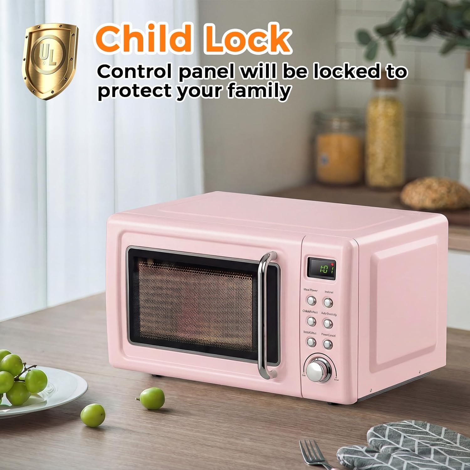 ARLIME Retro Microwave 0.7Cu.ft, 700 Watt Countertop Microwave with 5 Micro Power Defrost & Auto Cooking Function, LED Display, Child Lock, Pink Small Microwave for Kitchen, RV, Dorm