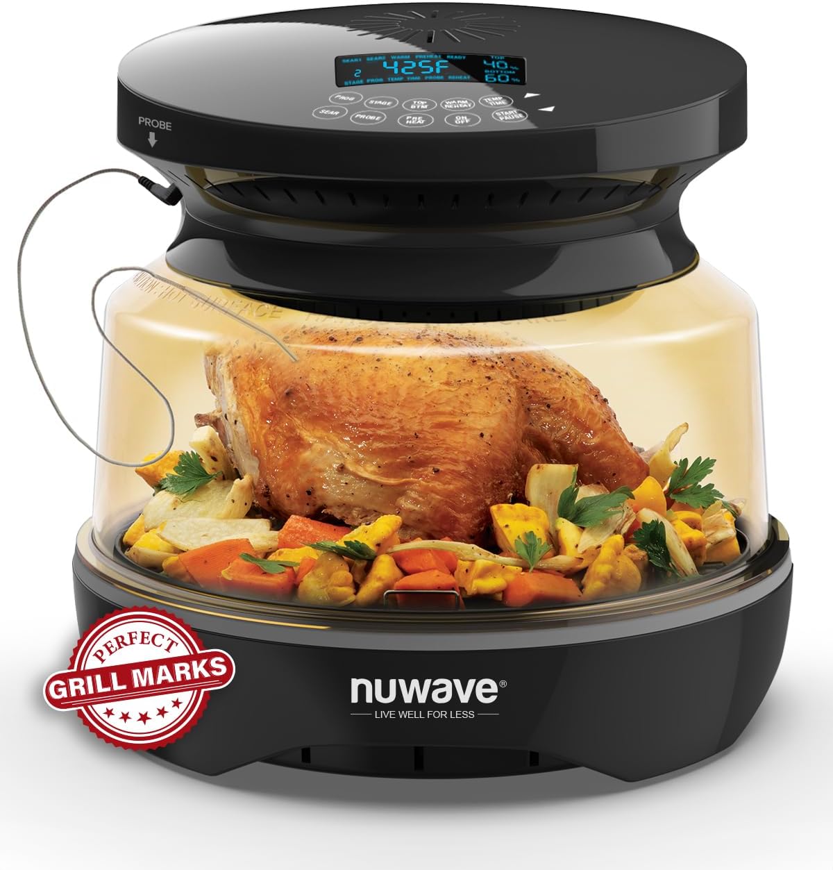 Nuwave Infra-Red Primo Grill Oven, Integrated Smart Thermometer, Nonstick Grill Bottom & Convection Top for Surround Cooking, Cook Fresh or Frozen, Durable Power Dome Included