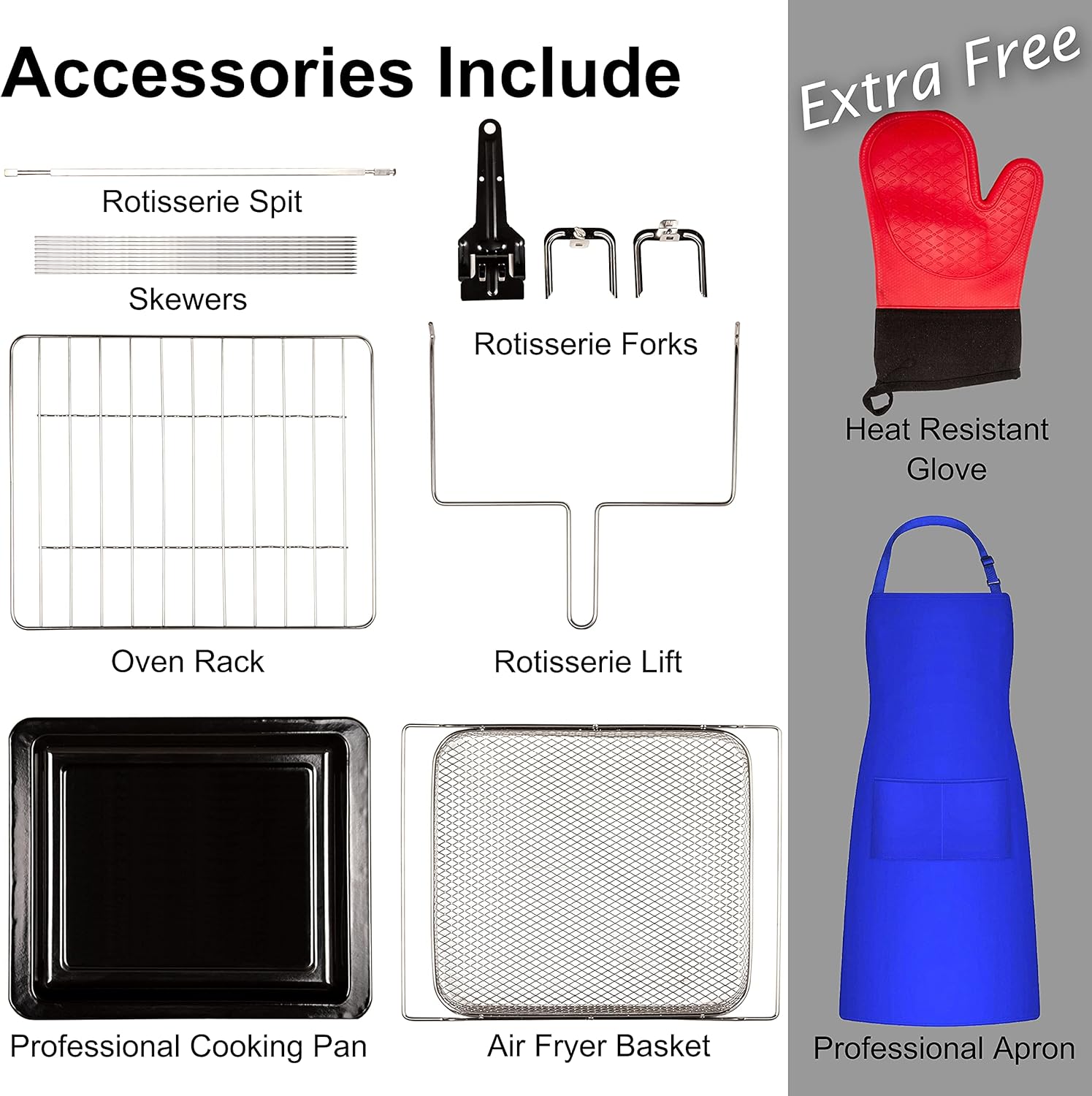 EUROTO Stainless Steel Large Capacity 26.8 QT Air Fryer Oven, 24 in 1 Multi-function, 360 Air Circulation Toaster Oven, LCD digital Display, 4 Layer Shelves, Included Oven Gloves & Apron Up to 450°F