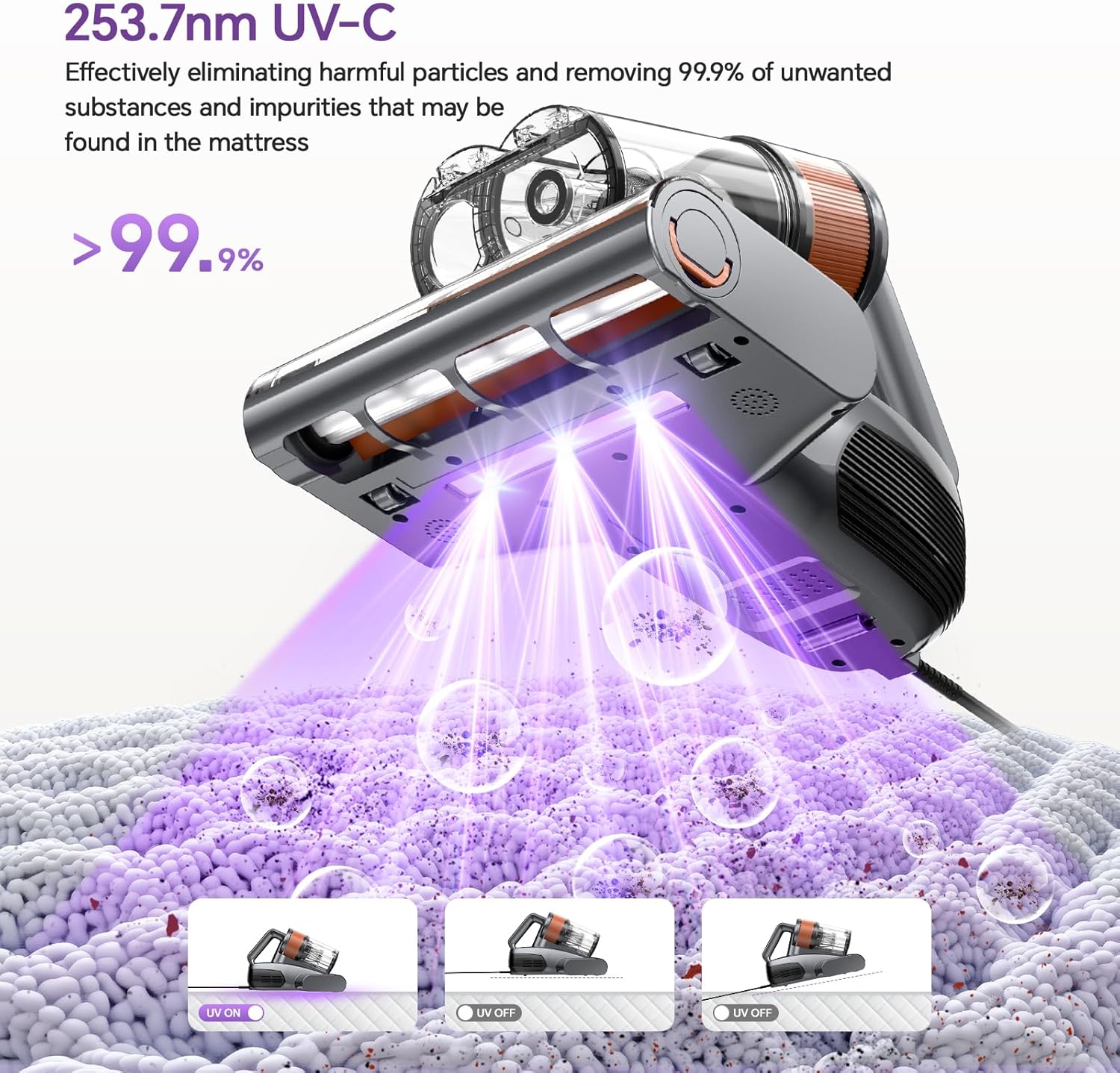 Mattress Vacuum Cleaner - Powerful 16000Pa Suction, UV-C Light, 40800 RPM Beating, and High-Temperature Heating for Deep Mattress and Bed Cleaning (Orange)