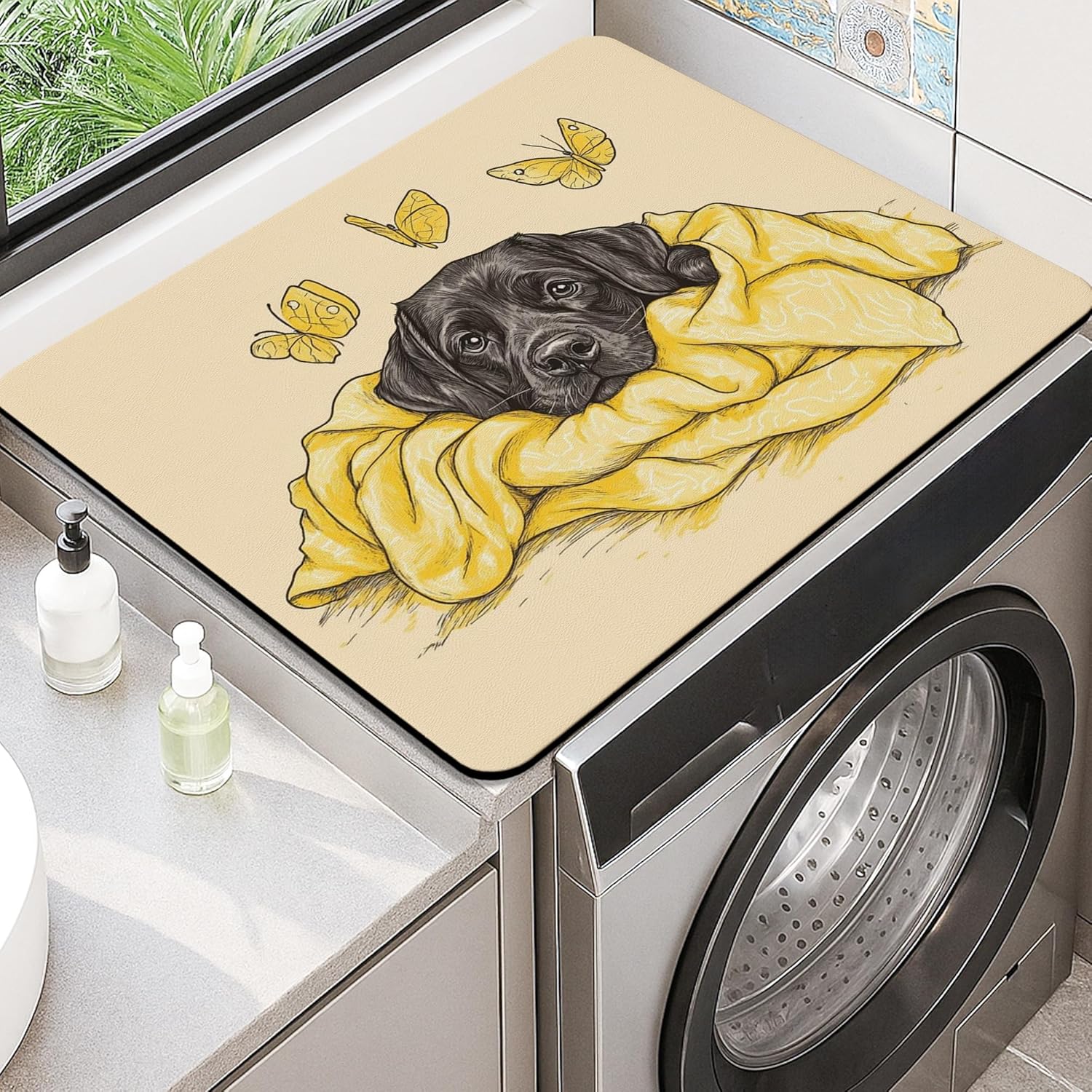 Butterfly Washer Dryer Top Protector Mat, Yellow Cute Butterfly Laundry Machine Dust Cover, Spring Floral Rubber Anti-slip Waterproof Washer And Dryer Mats for Laundry Room 20x24 Inch
