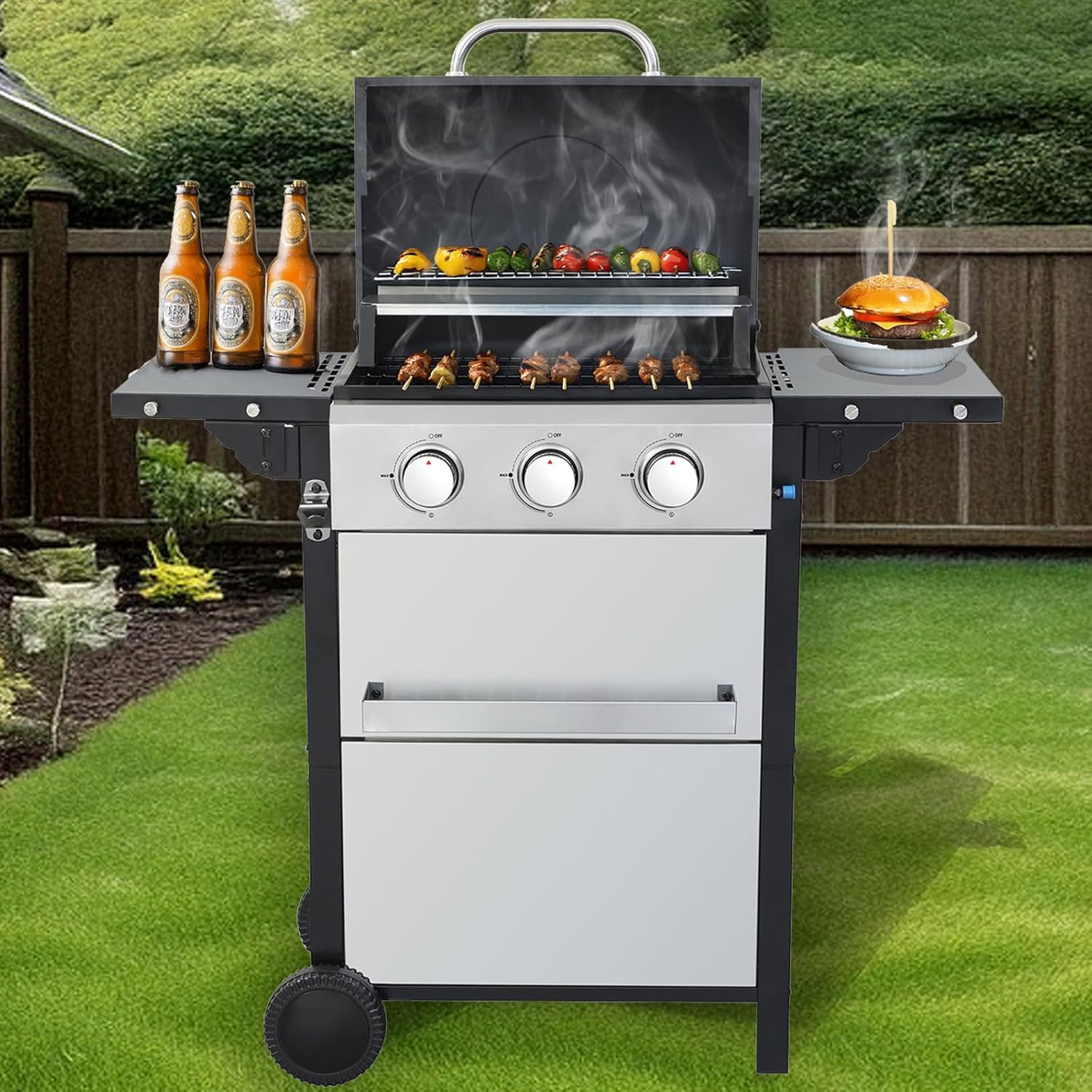 Outdoor Barbeque 3-Burner Propane Gas Grill with Folding Side Tables & Enameled Cast Iron Grates, 25650Btu Stainless Steel BBQ Grills for Outdoor Cooking Kitchen, Garden, Backyard