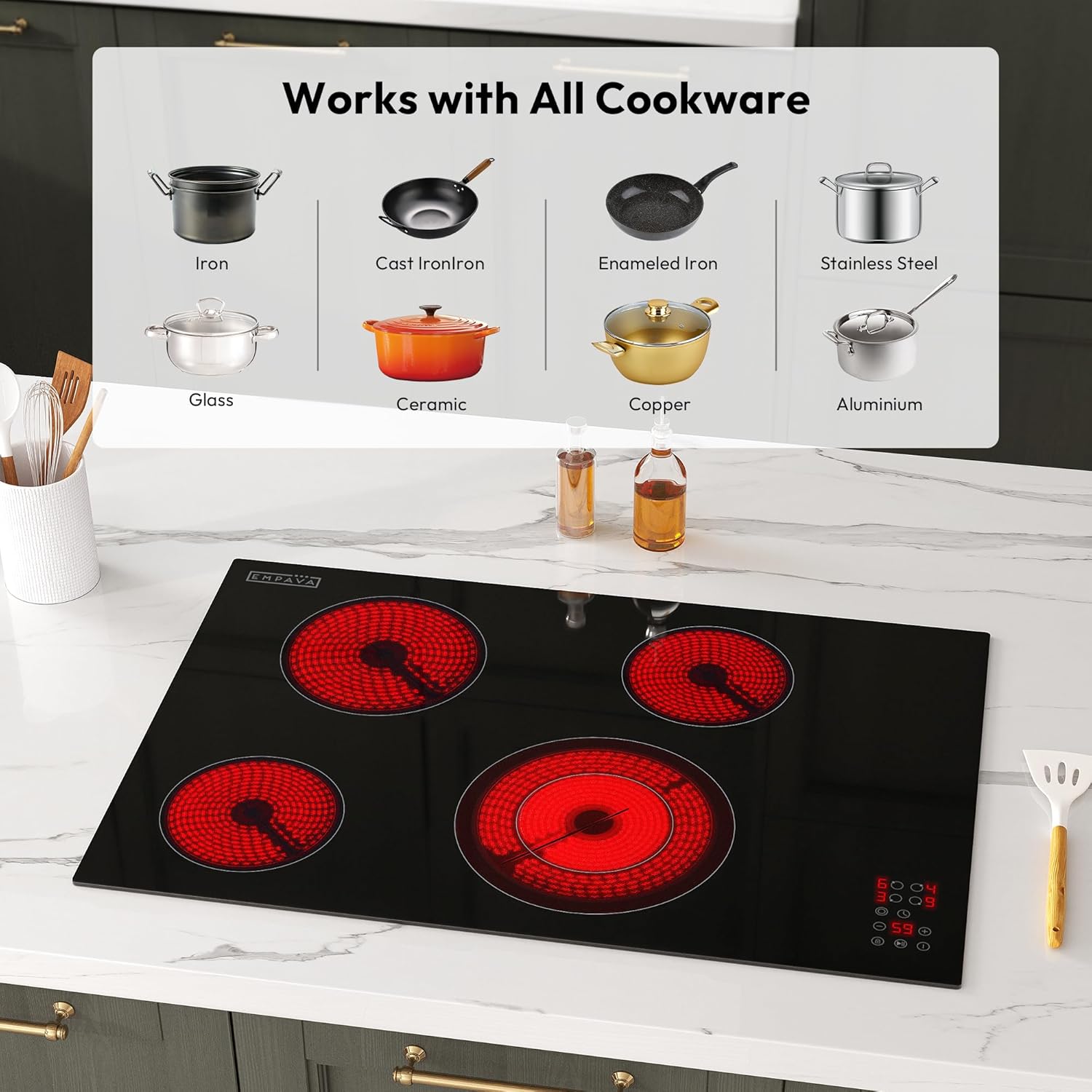 Empava 30 Inch Electric Ceramic Cooktop, 4 Radiant Burners with Dual Zone, Touch Controls, Timer, Stop & Go Pause, Child Lock, ETL Certified, Built-in Smooth Glass