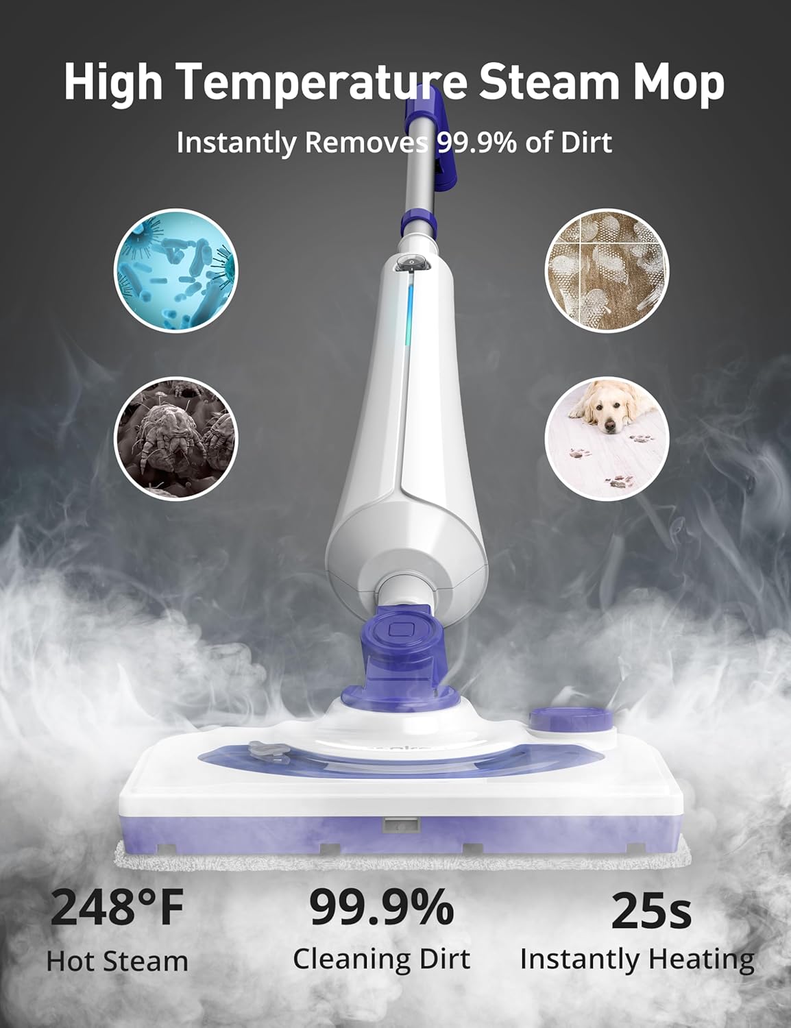 Professional Steam Mop Cleaner, 1300W Floor Steamer with Detergent Chamber, 25S Heat Up, Lightweight Steamer for Cleaning with 2 Washable Pads, Safe for Tiles, Upholstery, Carpet, Hardwood, Sapphire