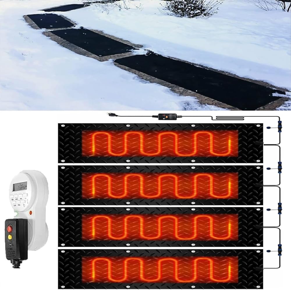 Heated Snow Melting Mats,1/2/3/4/5 pcs Outdoor Stairs- Non-Slip Winter Removal and Ice Melt Products -Heating Entrance for Winter Outdoor Stairs Doorways Walkwa(Size:10×30in(25.4×76.2cm),Color:4Pcs)