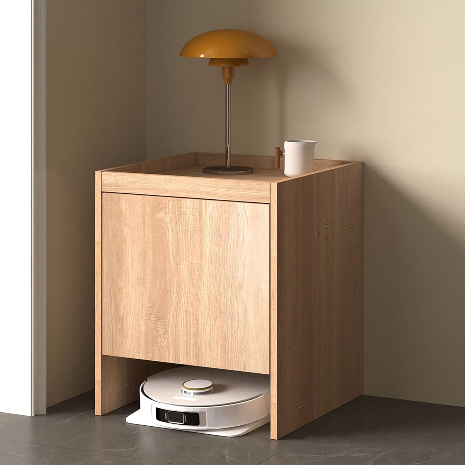 Robot Vacuum Stand Cabinet Hidden Entryway or Living Room Cabinet with Doors, Storage Rack with Pull-Out Top for Water Change, End Side Table for Home Office