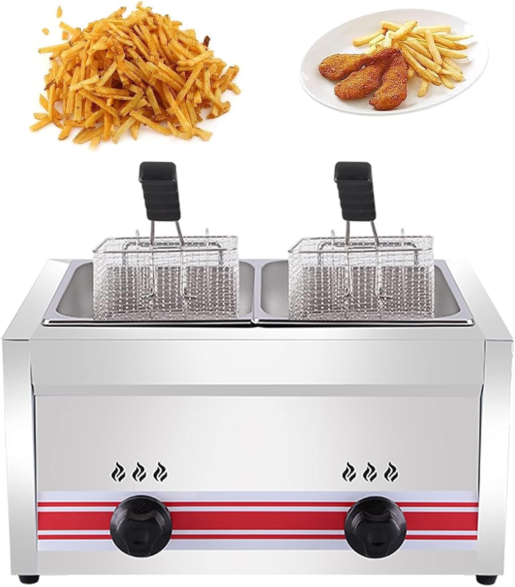 20L Large Capacity Gas Fryer, Commercial LPG Fryer, Stainless Steel Gas Fryer with Baskets and Lids, Adjustable Firepower, for Chips Donuts Fish, Easy Clea