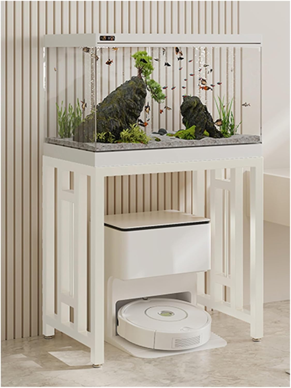 Metal Side Table, Living Room Sofa Side Table Aquarium Stand, Vacuum Cleaner Storage Rack, Bedroom Bedside Table Imitation Marble Countertop Robot Vacuum Cleaner Storage Rack(Cream,31.5x15.7x27.6in)